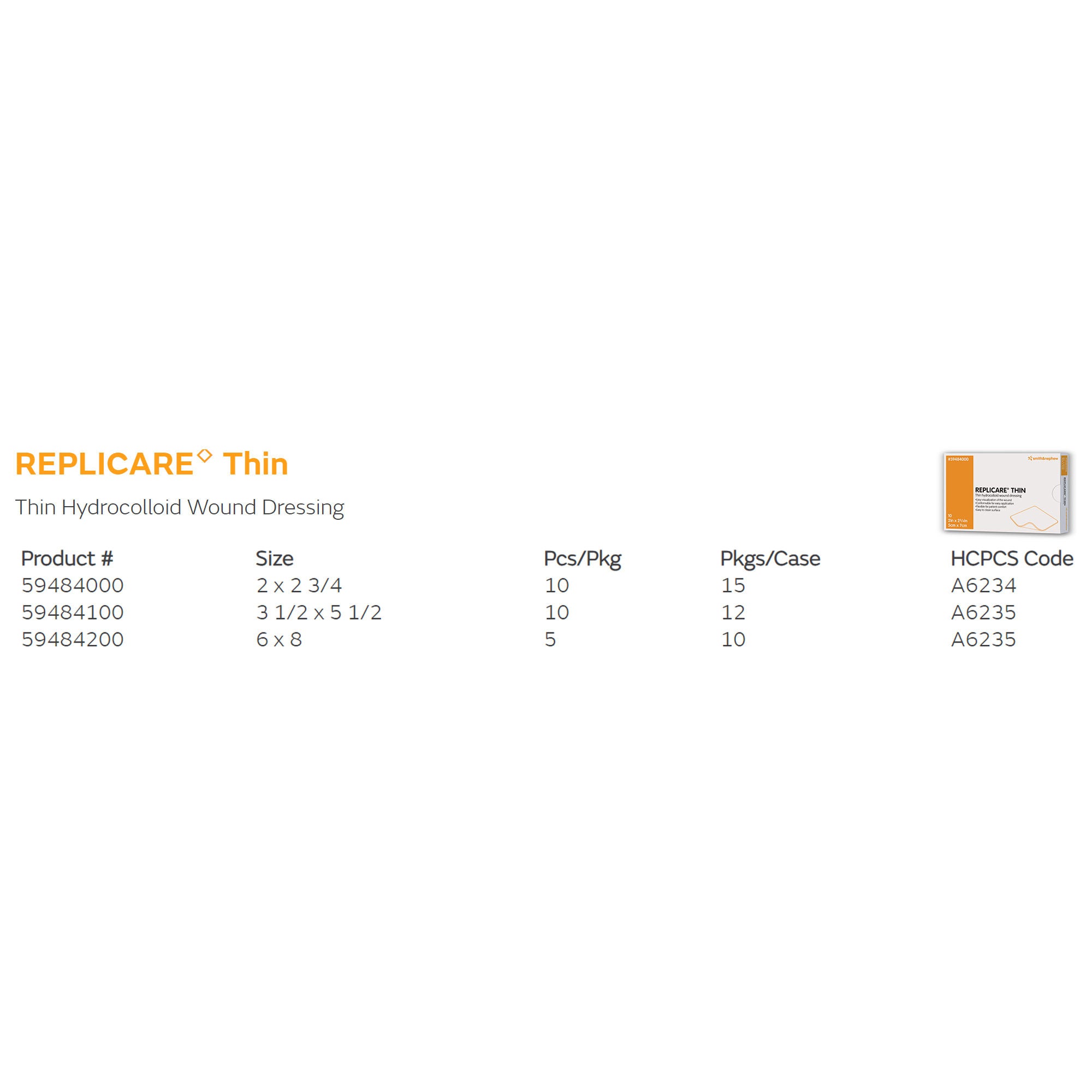 Smith & Nephew - 59484000 Thin Hydrocolloid Dressing Replicare Thin Film Backing 2 X 2-3/4 Inch Rectangle Hydrocolloid / Film