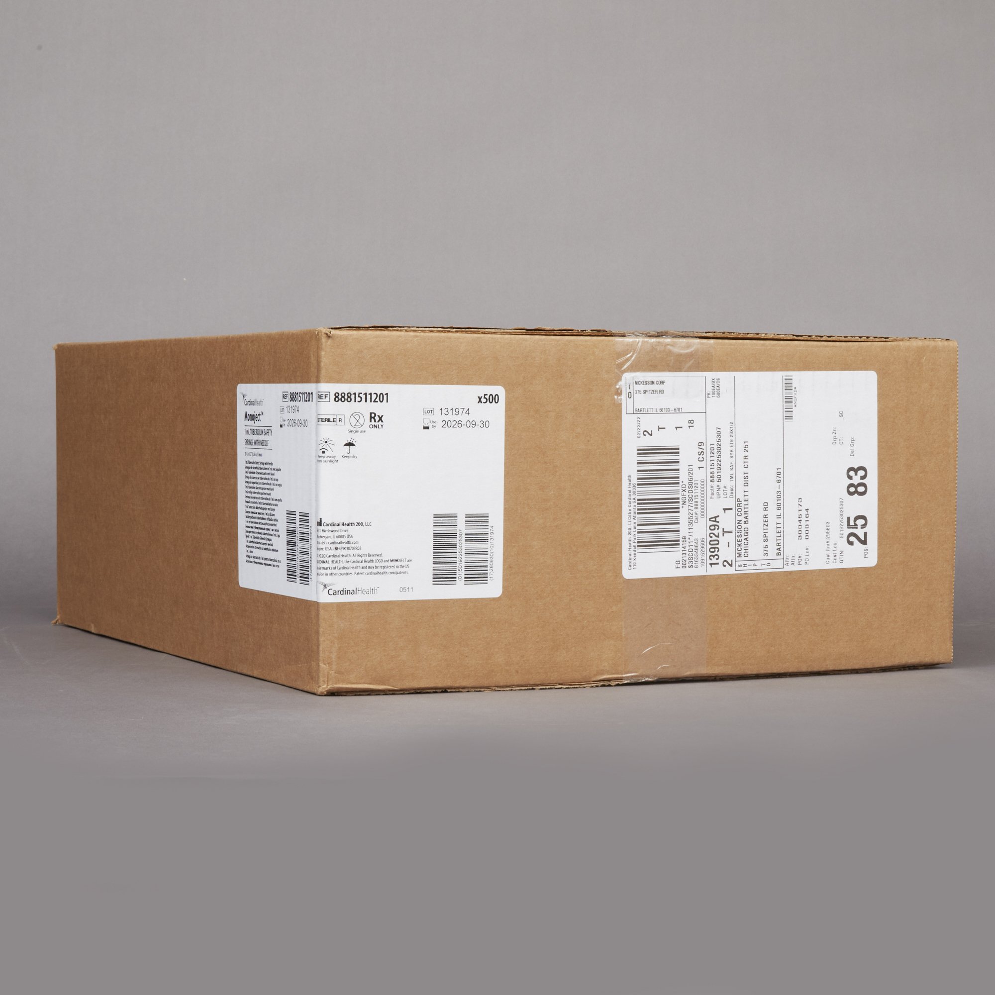 Cardinal 8881511201 - Monoject™ 1 mL Tuberculin Syringe with Needle, 28 Gauge, 1/2 Inch Needle Length - 1/Each, 100/Box, 500/Case