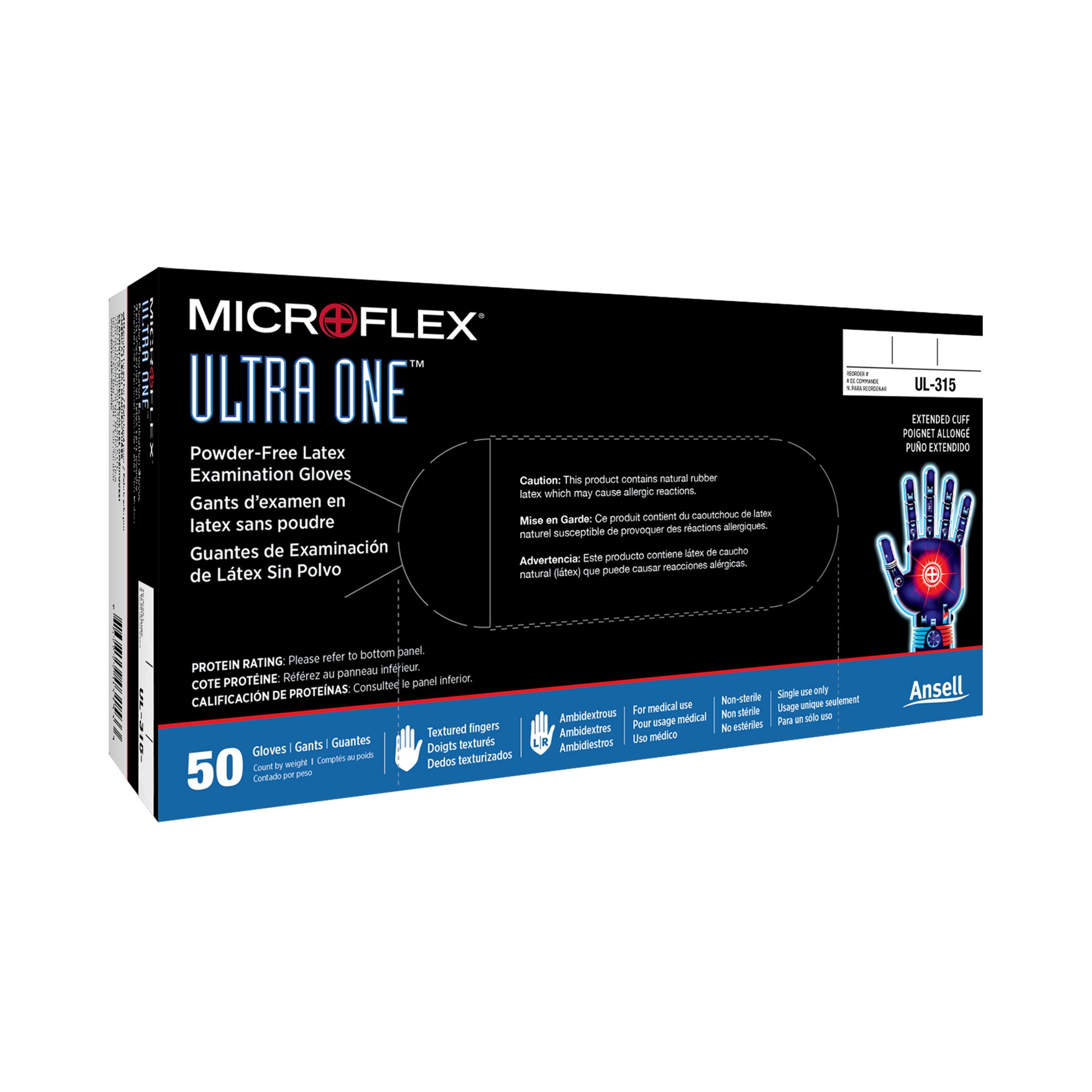 Microflex Medical UL-315-M - Ultra One® Latex Extended Cuff Length Exam Glove, Medium, White - 50/Box, 500/Case