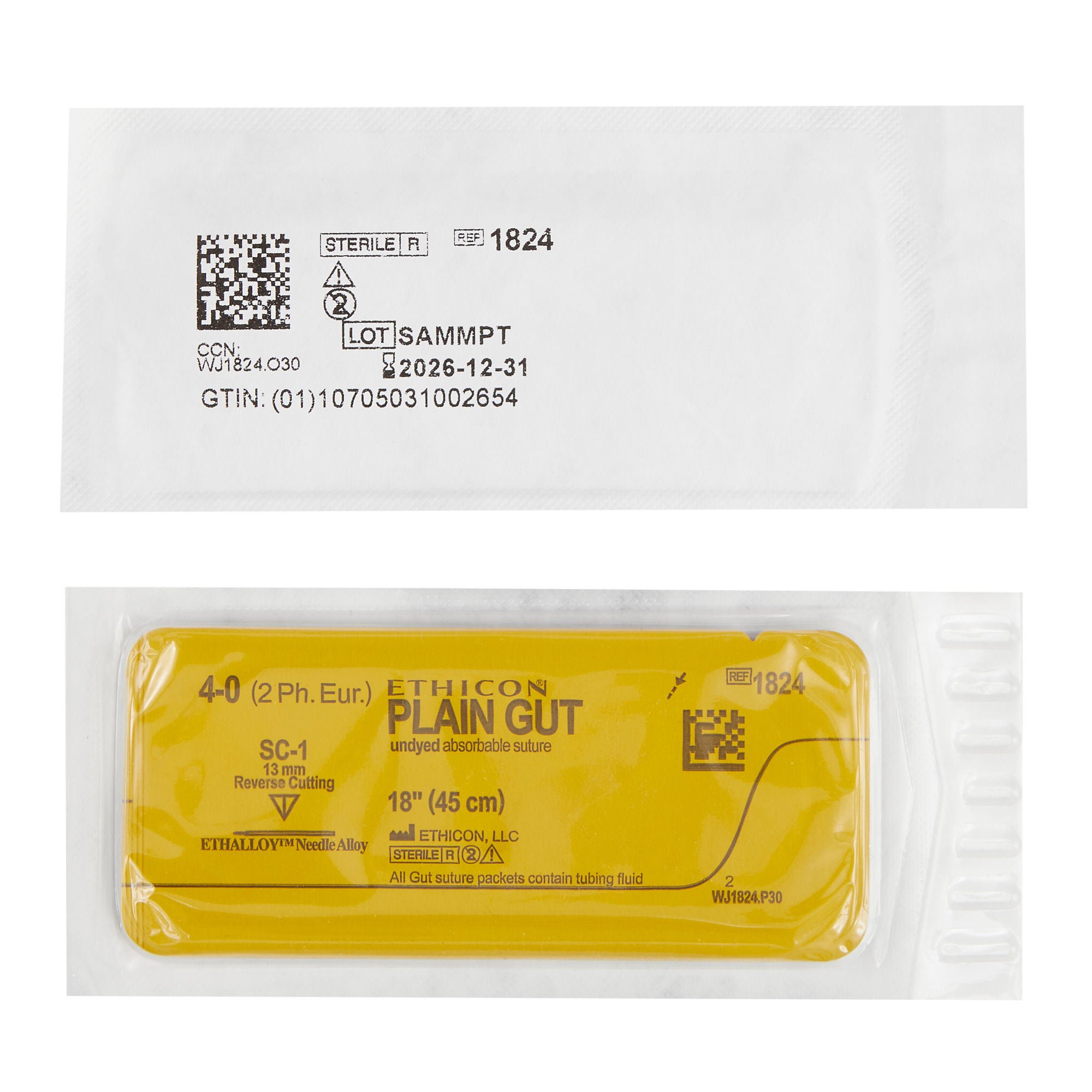 J & J Healthcare Systems - 1824H Absorbable Suture with Needle GUT PLAIN Plain Gut SC-1 Straight Reverse Cutting Needle Size 4-0 Monofilament