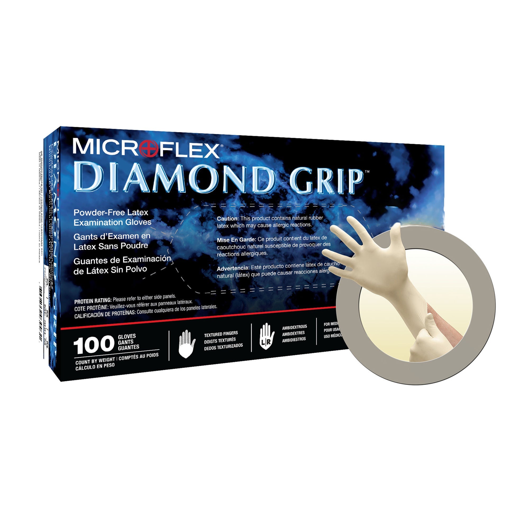 Microflex Medical - MF-300-XS Exam Glove Diamond Grip™ X-Small 100 per Box NonSterile Latex Standard Cuff Length Textured Fingertips White Not Rated
