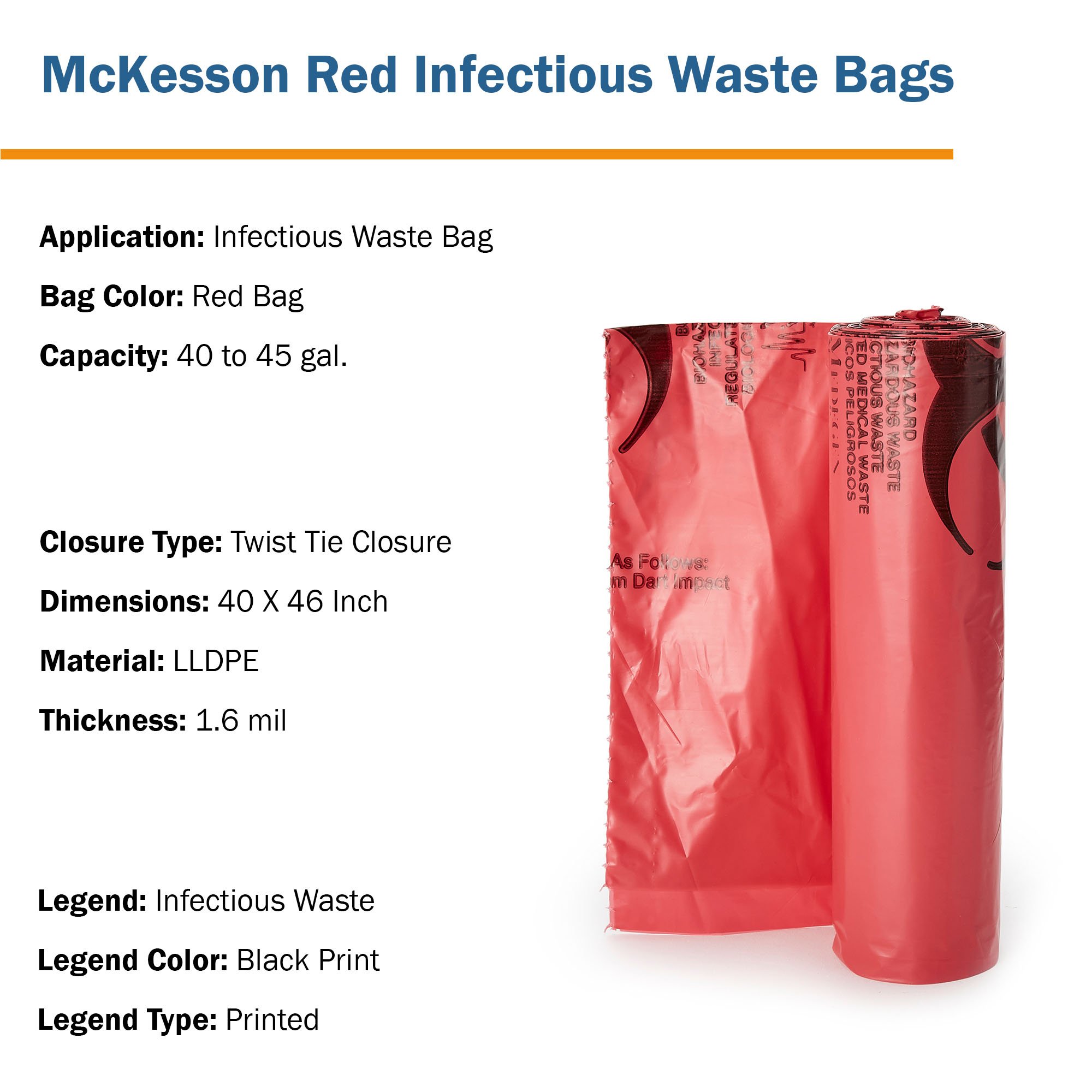 McKesson Brand 03-4773 - McKesson Biohazard Waste Bag, 40 – 45 gallon Capacity, 40 x 46 Inch - 100/Case