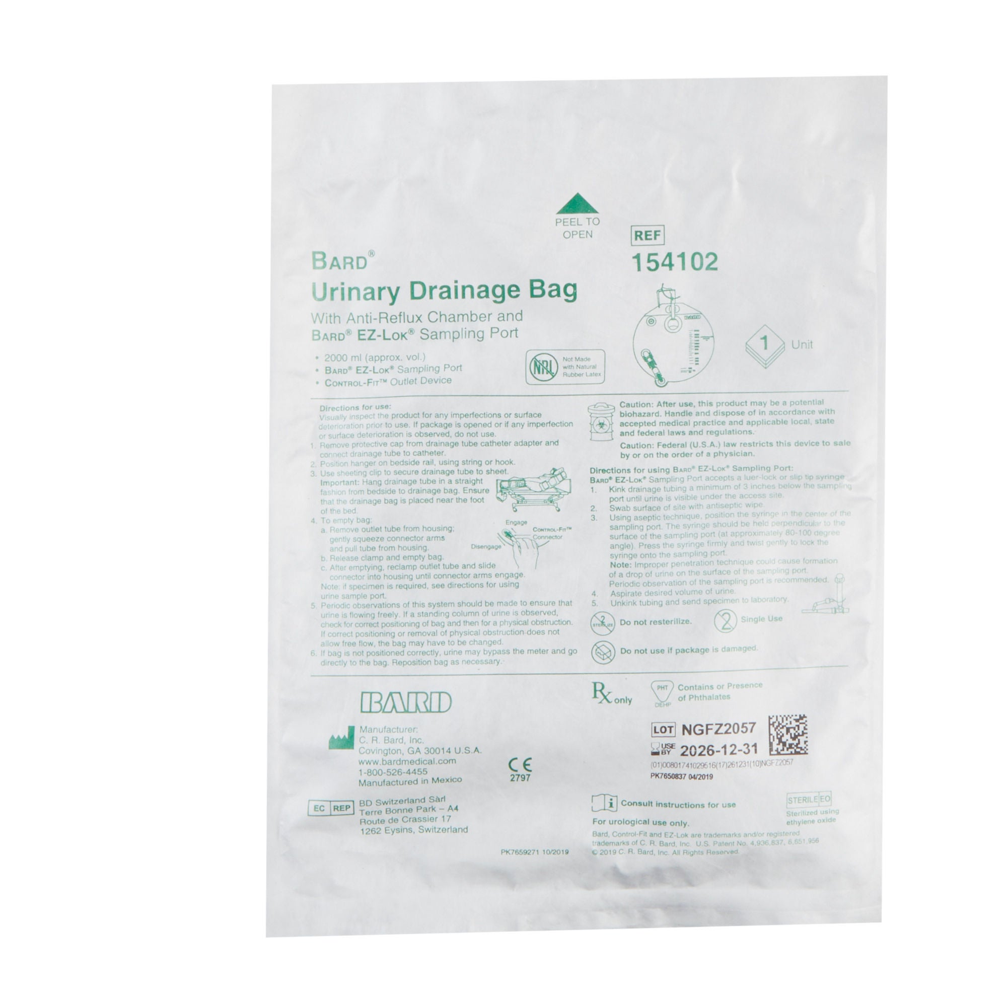 Bard - 154102 Urinary Drain Bag Bard® Anti-Reflux Valve Sterile 2,000 mL Vinyl