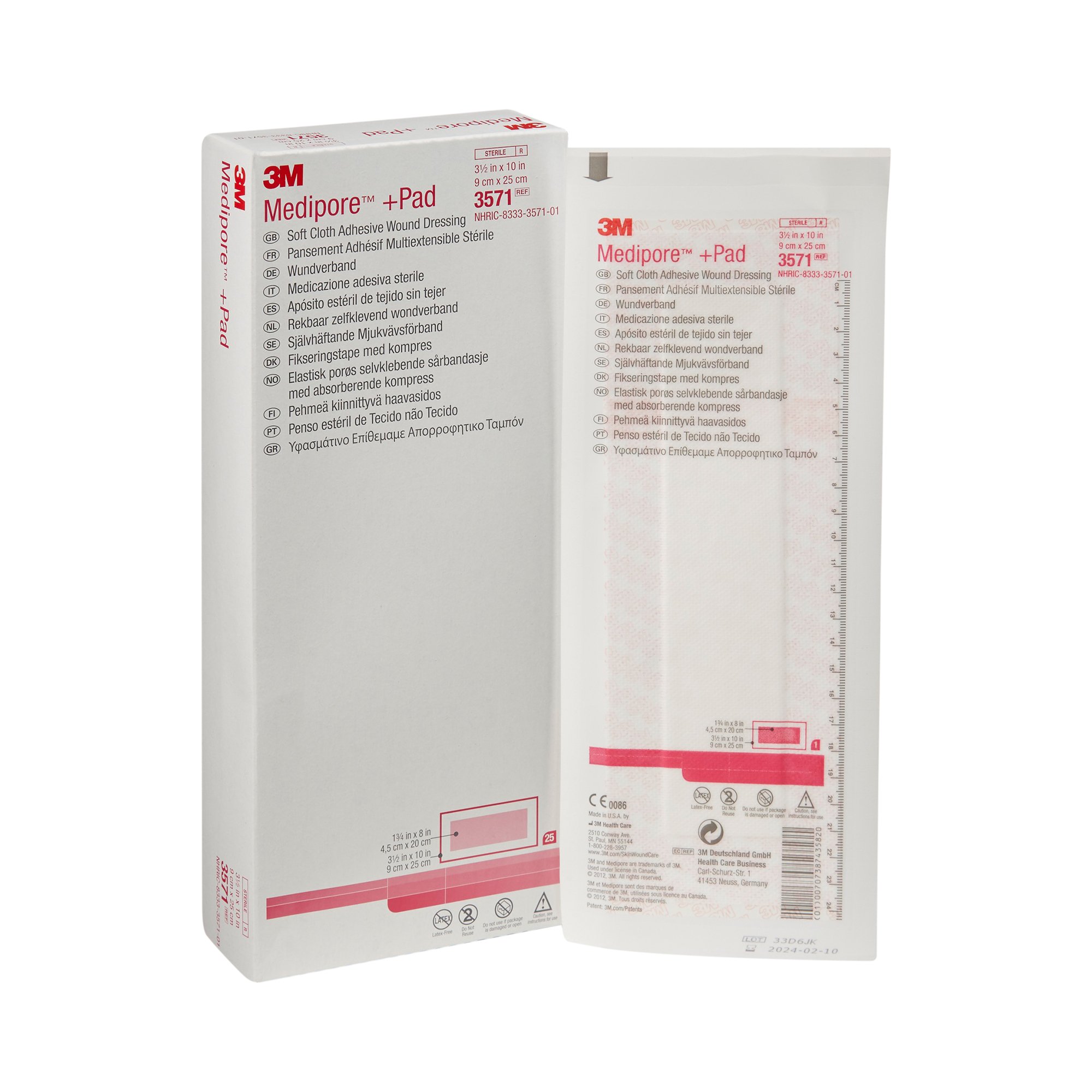 Solventum Corporation 3571 - 3M™ Medipore™ + Pad Soft Cloth Adhesive Dressing, 3.5 x 10 Inch - 25/Box, 100/Case