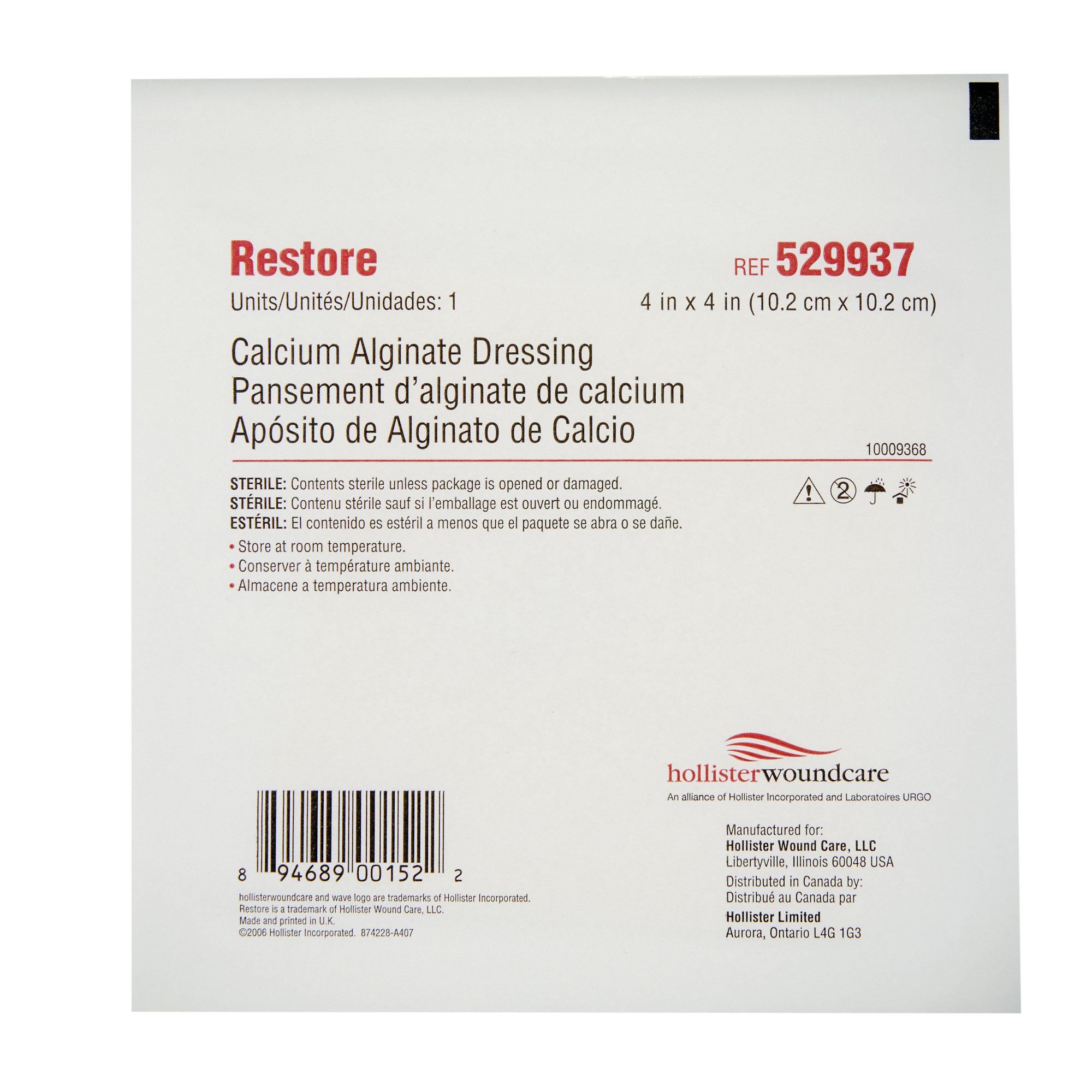 Hollister 529937 - Restore™ Alginate Dressing, 4 x 4 Inch - 1/Each, 10/Box