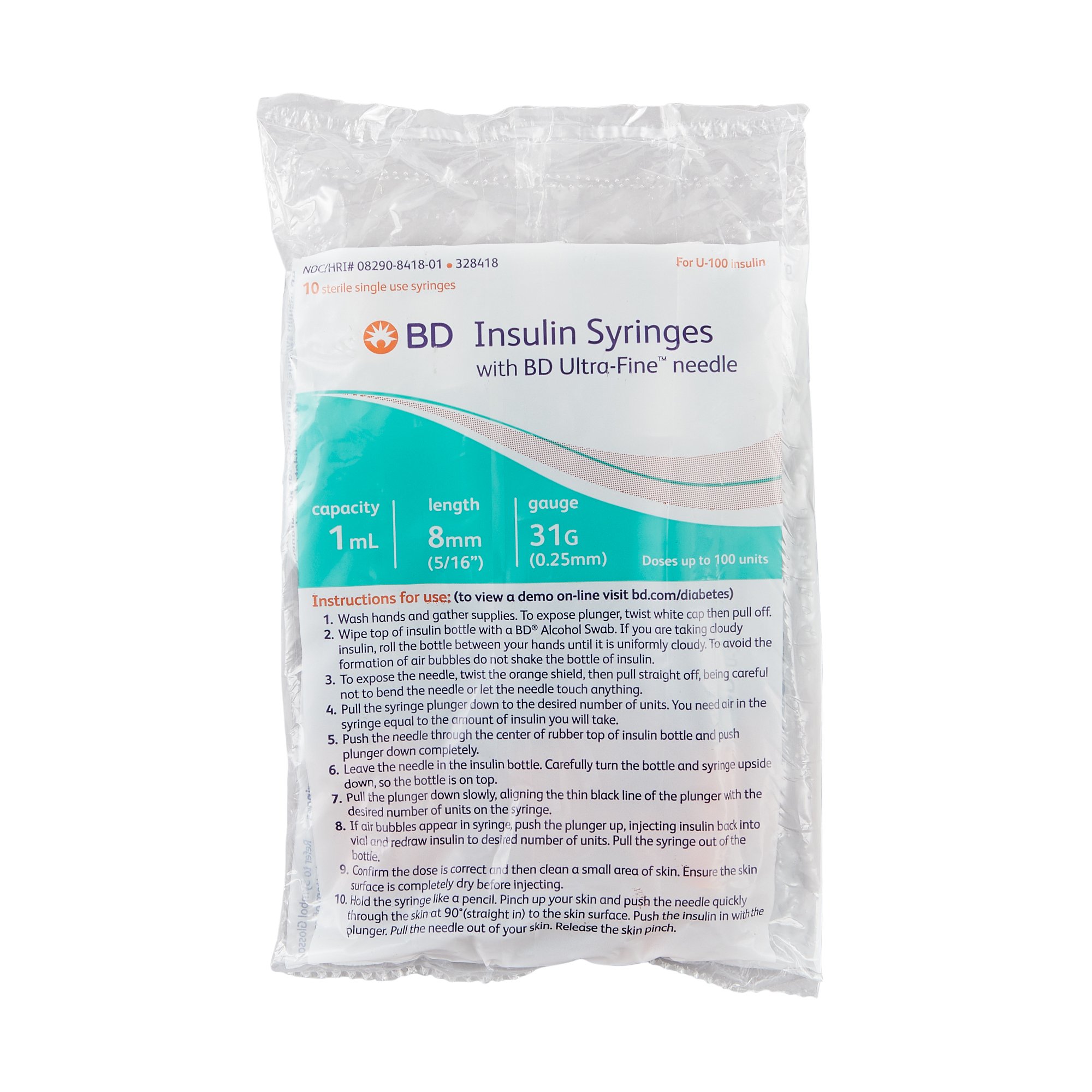 Embecta Medical II LLC 328418 - Ultra-Fine™ Insulin 1 mL Syringe with Needle, 31 Gauge, 5/16 Inch Needle Length - 100/Box, 500/Case
