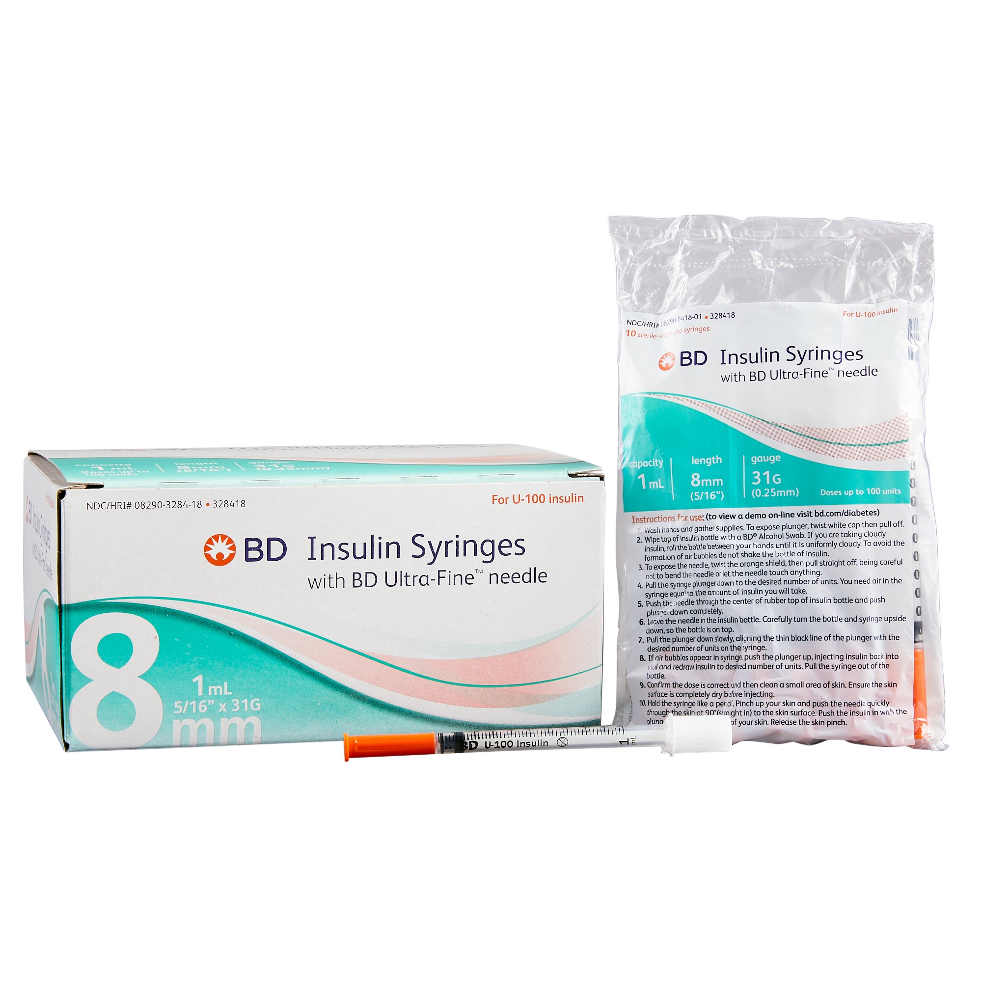 Embecta Medical II LLC 328418 - Ultra-Fine™ Insulin 1 mL Syringe with Needle, 31 Gauge, 5/16 Inch Needle Length - 100/Box, 500/Case