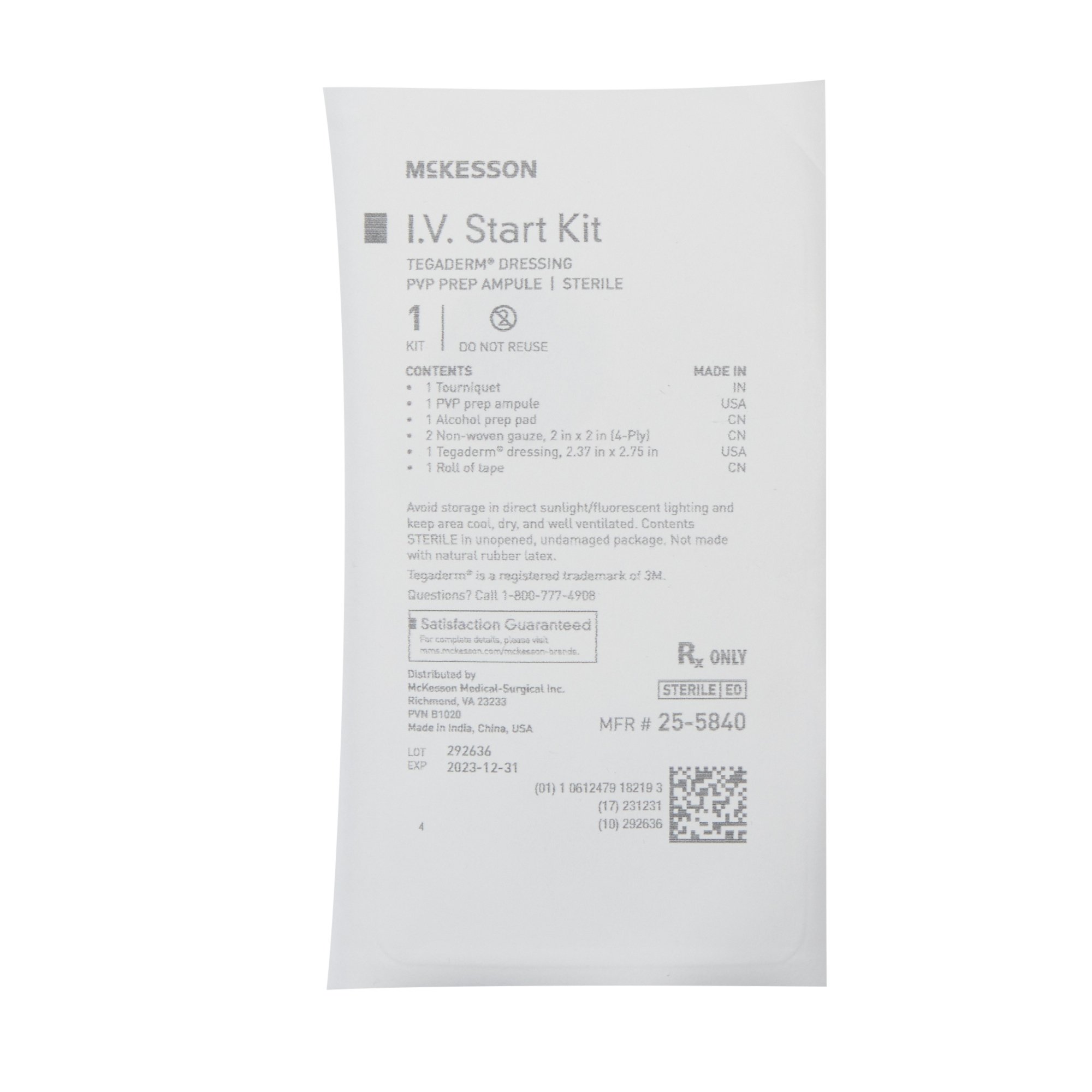 McKesson Brand - 25-5840 McKesson IV Start Kit with Tegaderm™ Dressing & PVP Prep Ampule