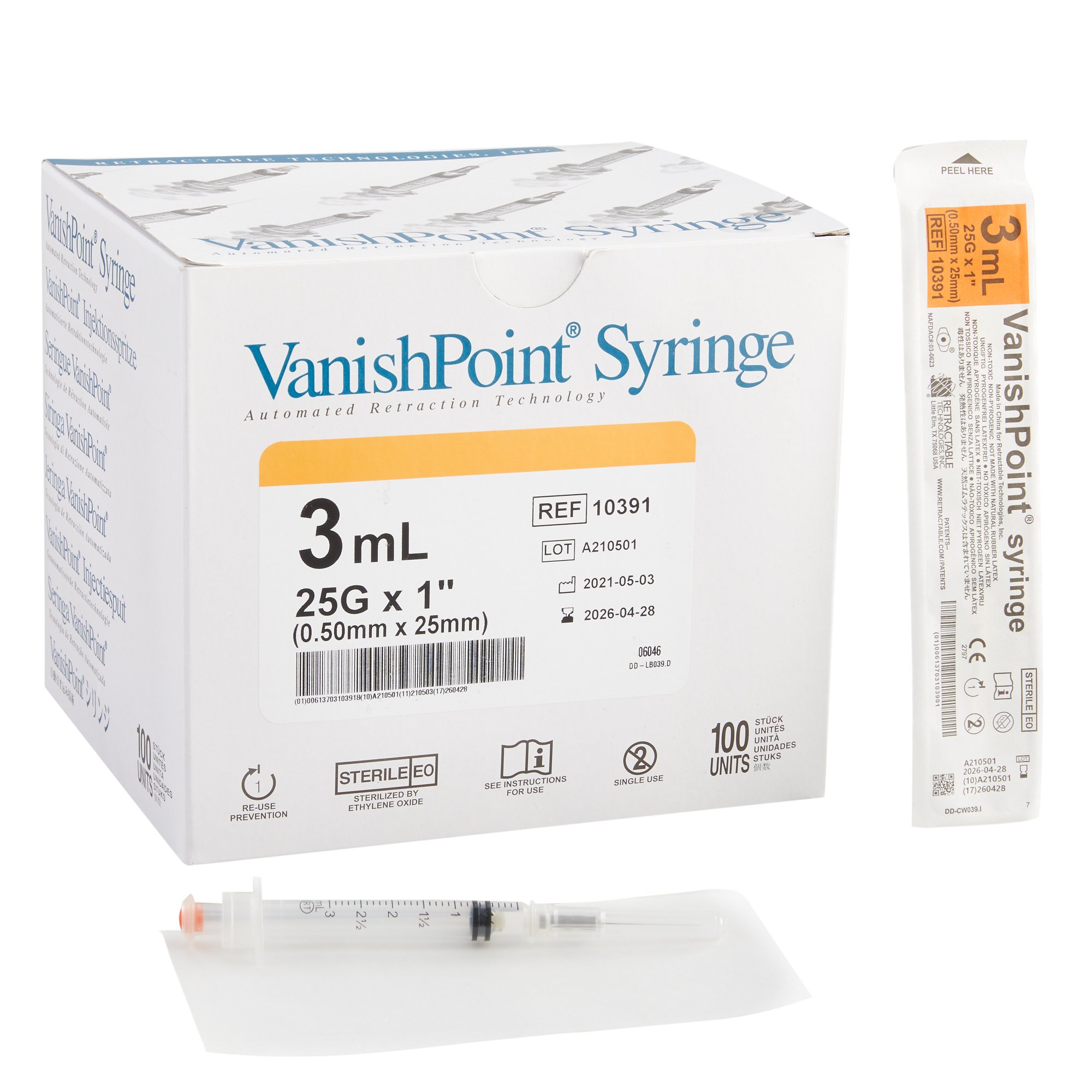 Retractable Technologies - 10391 VanishPoint® 3 mL Syringe with Hypodermic Needle
