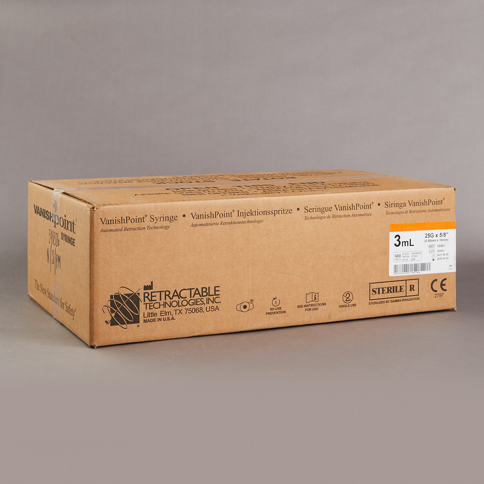 Retractable Technologies 10301 - VanishPoint® 3 mL Syringe with Hypodermic Needle, 25 Gauge, 5/8 Inch - 1/Each, 100/Box, 600/Case
