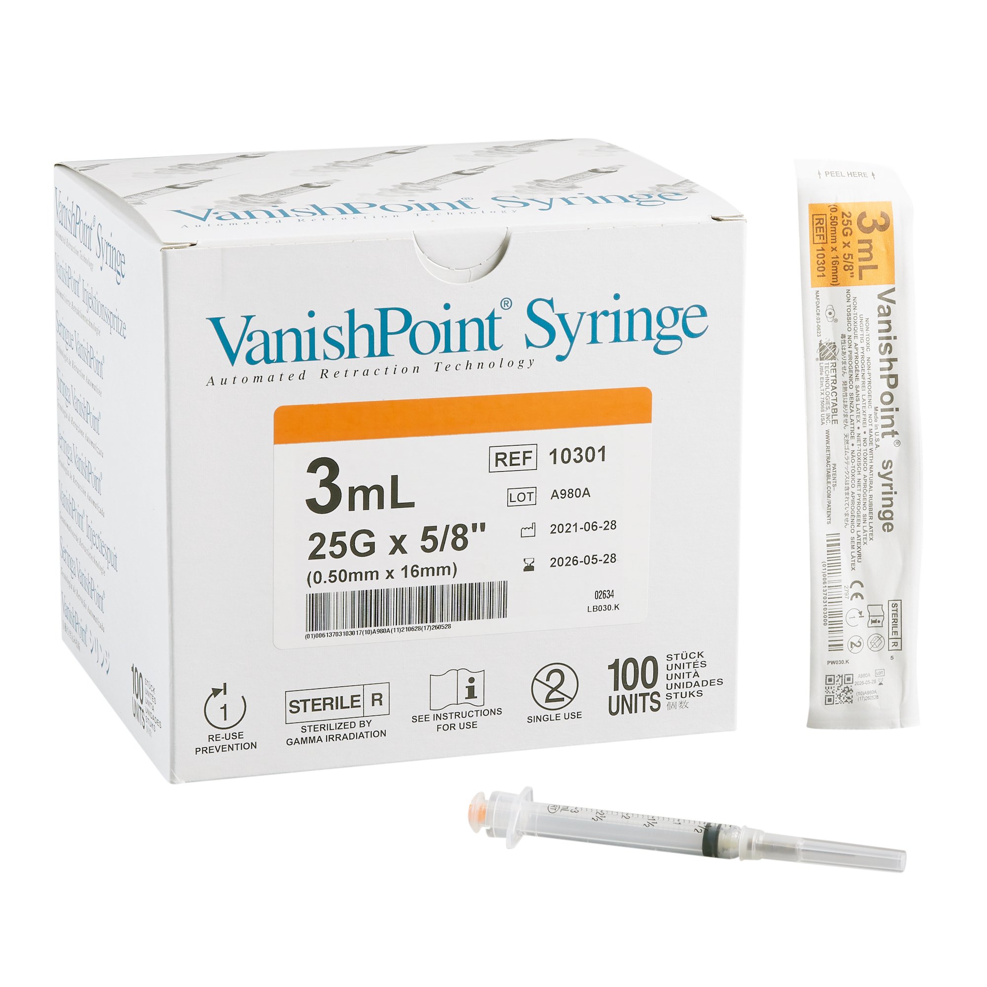 Retractable Technologies 10301 - VanishPoint® 3 mL Syringe with Hypodermic Needle, 25 Gauge, 5/8 Inch - 1/Each, 100/Box, 600/Case