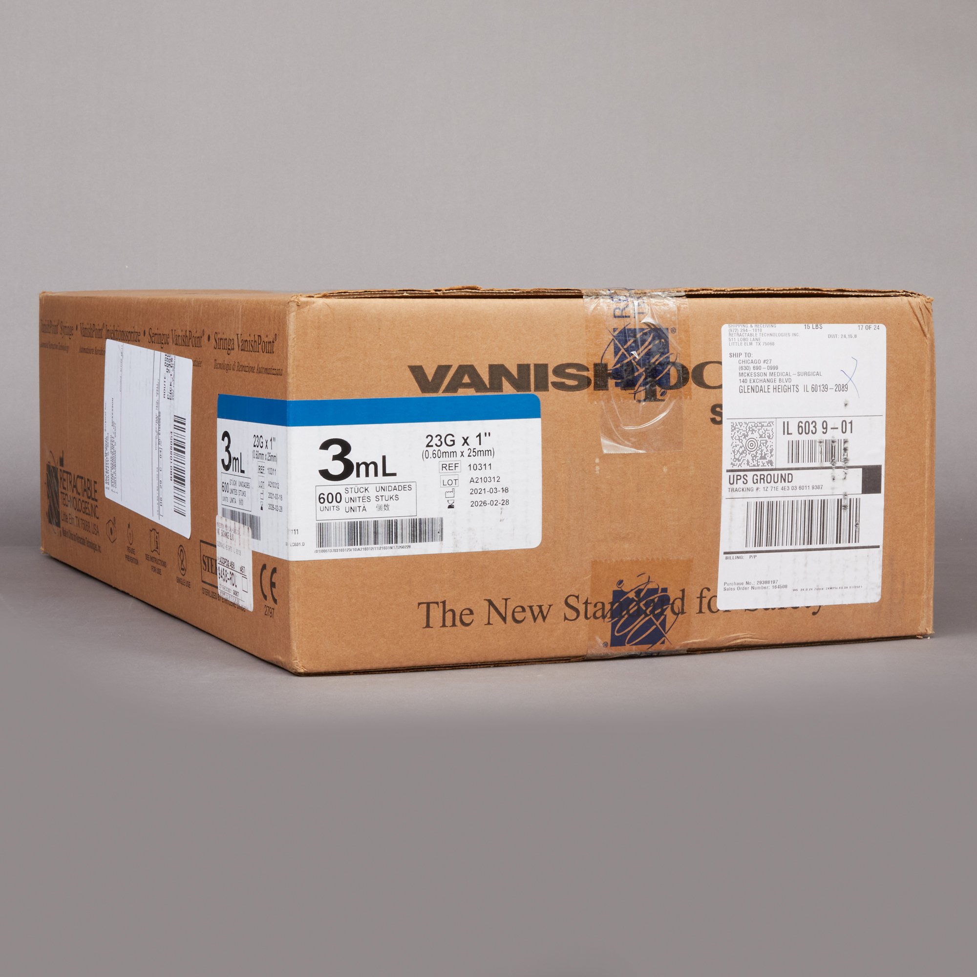 Retractable Technologies 10311 - VanishPoint® 3 mL Syringe with Hypodermic Needle, 23 Gauge, 1 Inch Needle Length - 1/Each, 100/Box, 600/Case