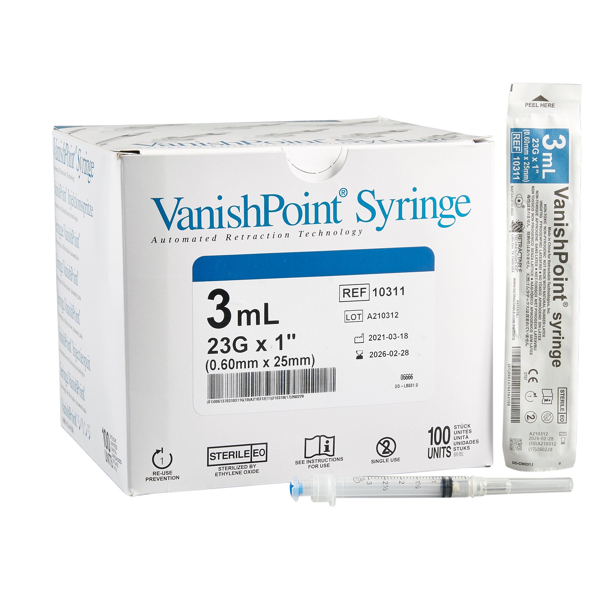 Retractable Technologies 10311 - VanishPoint® 3 mL Syringe with Hypodermic Needle, 23 Gauge, 1 Inch Needle Length - 1/Each, 100/Box, 600/Case