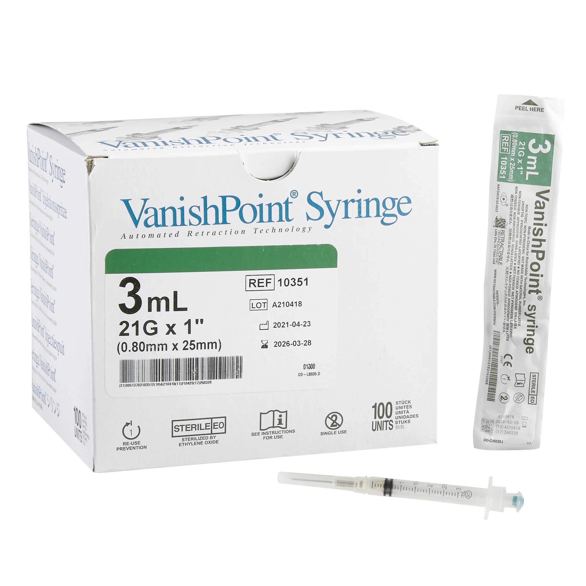 Retractable Technologies - 10351 VanishPoint® 3 mL Syringe with Hypodermic Needle
