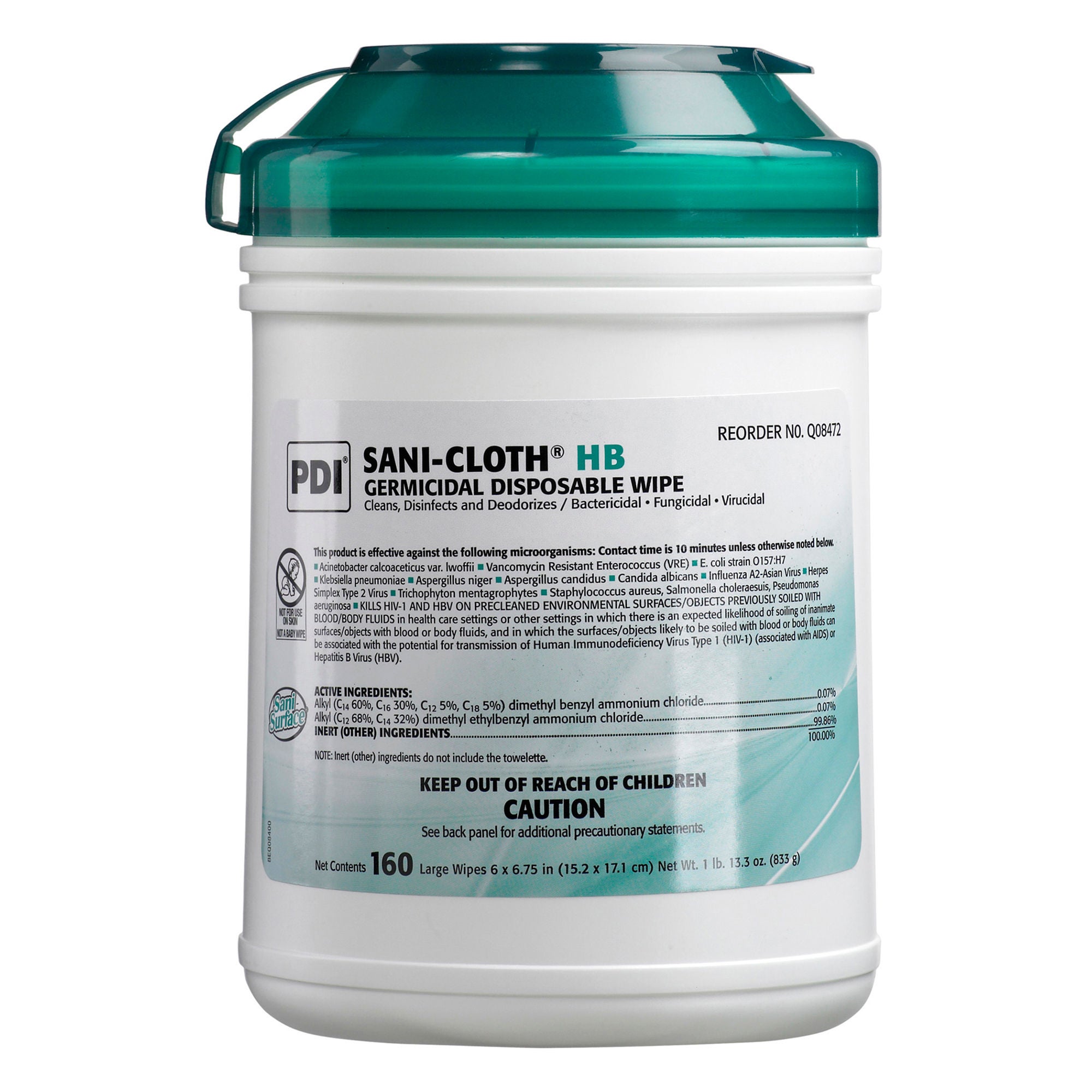 Professional Disposables - Q08472 Surface Disinfectant Sani-Cloth® HB Premoistened Quaternary Based Manual Pull Wipe 160 Count Canister Ammonia Scent NonSterile