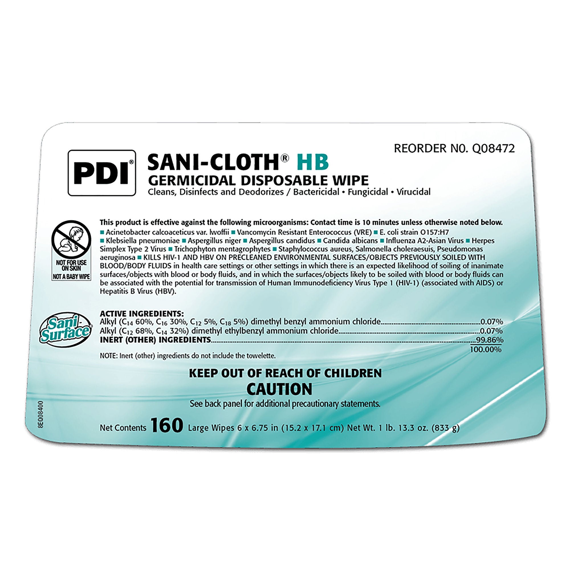 Professional Disposables - Q08472 Surface Disinfectant Sani-Cloth® HB Premoistened Quaternary Based Manual Pull Wipe 160 Count Canister Ammonia Scent NonSterile