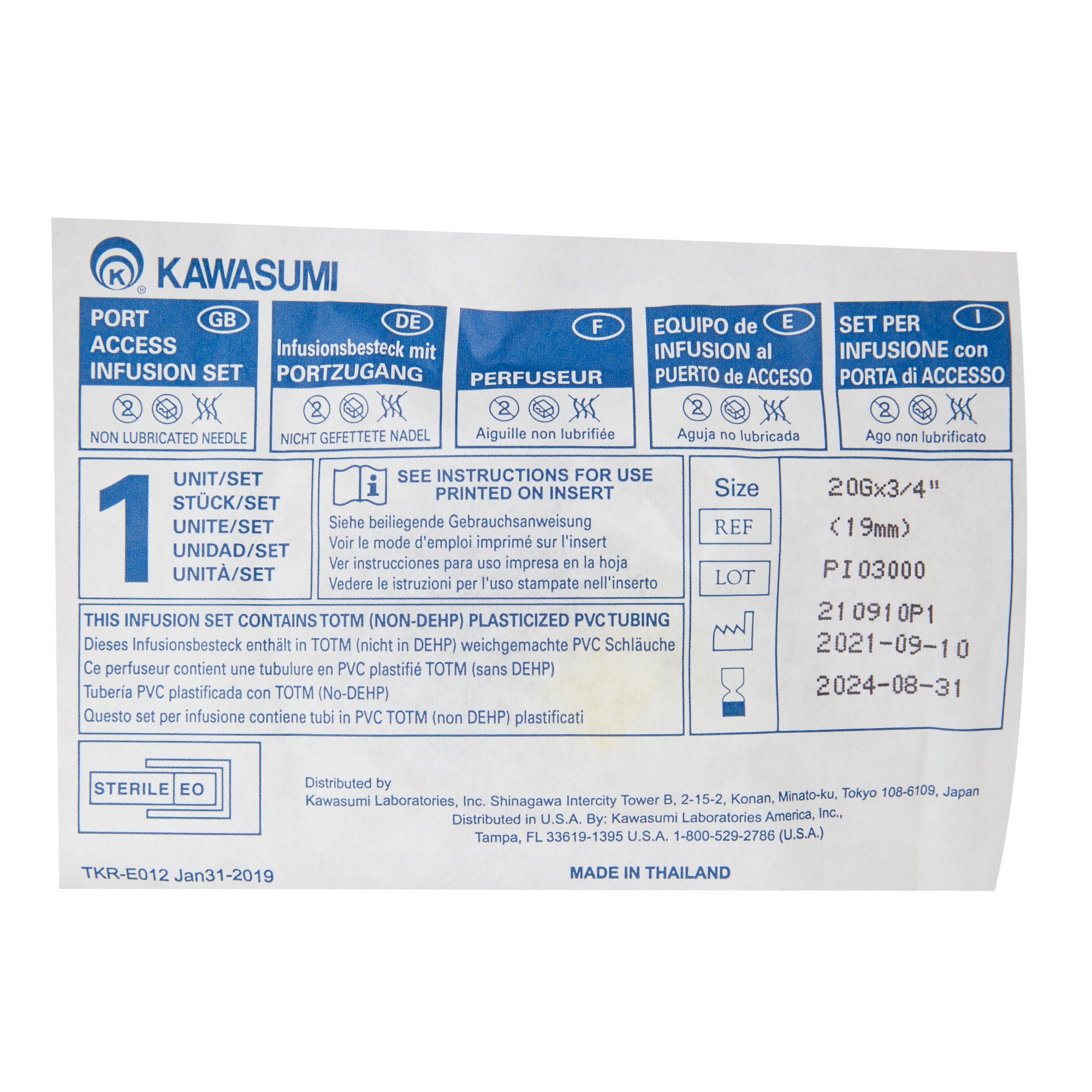 Kawasumi Laboratories - PI03000 Huber Infusion Set Kawasumi 20 Gauge 3/4 Inch 8 Inch Tubing Without Port
