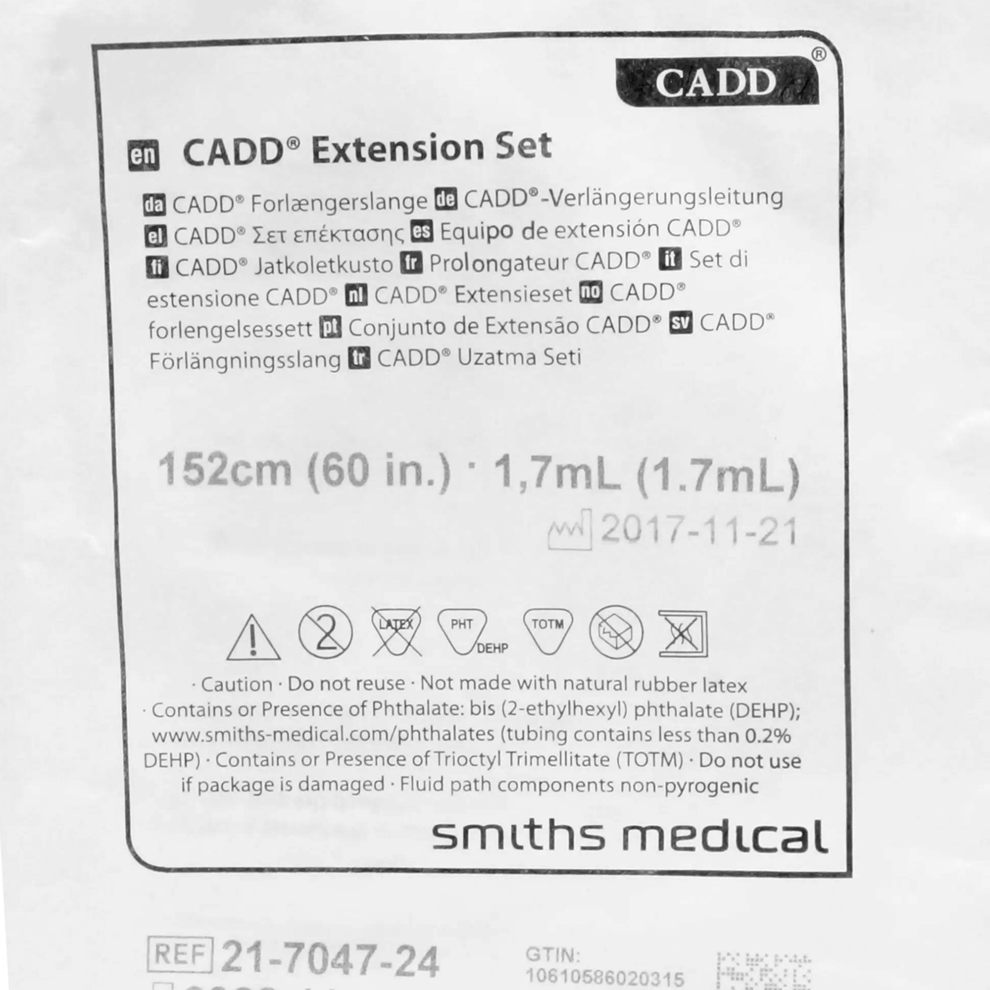 ICU Medical FKA Smiths Medical 21-7047-24 - CADD™ IV Pump Extension Set for Use with CADD™ Medication Cassette Reservoirs - 1/Each, 50/Box
