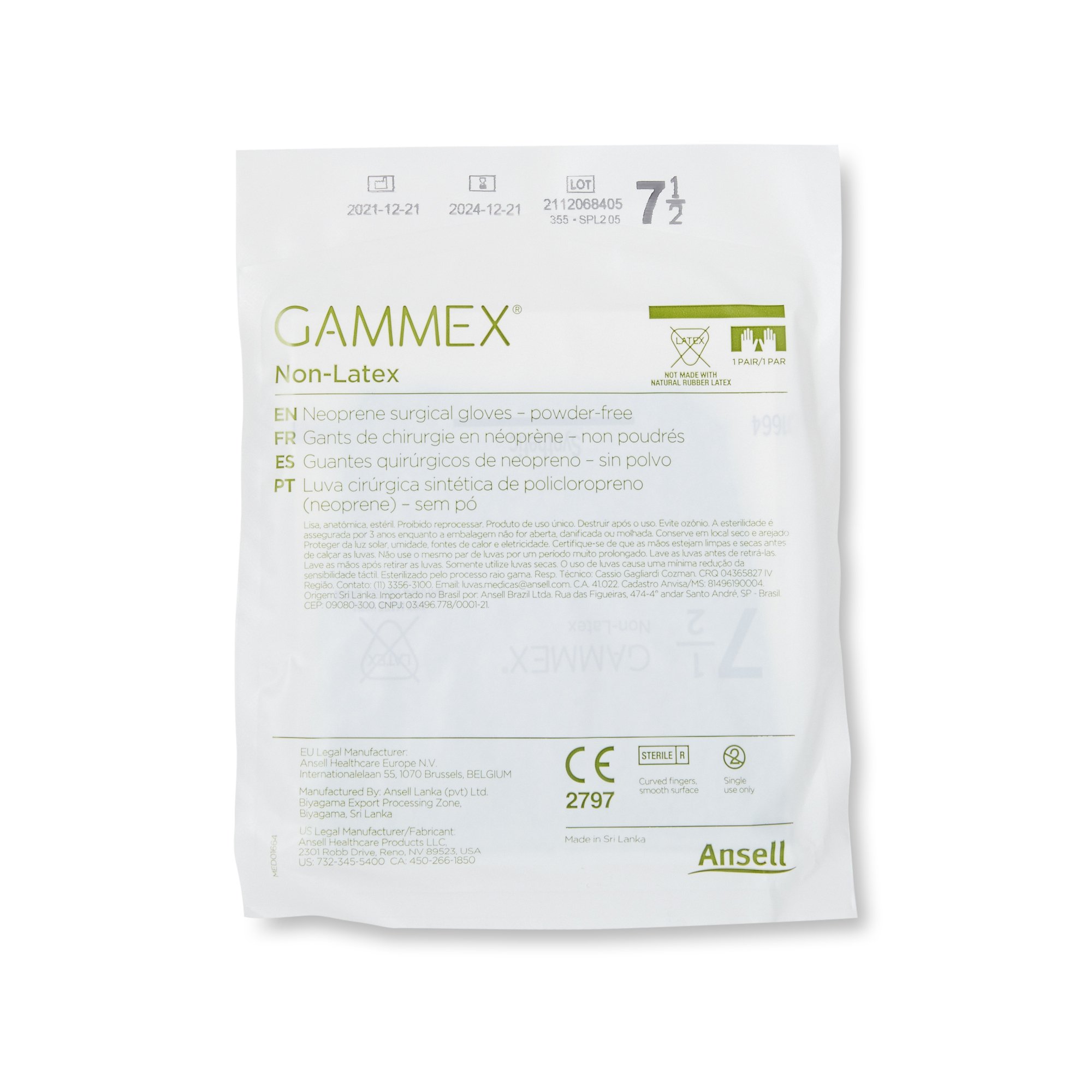Ansell 8515 - Gammex® Non-Latex Polyisoprene Surgical Glove, Size 7.5, Green - 50/Box, 200/Case