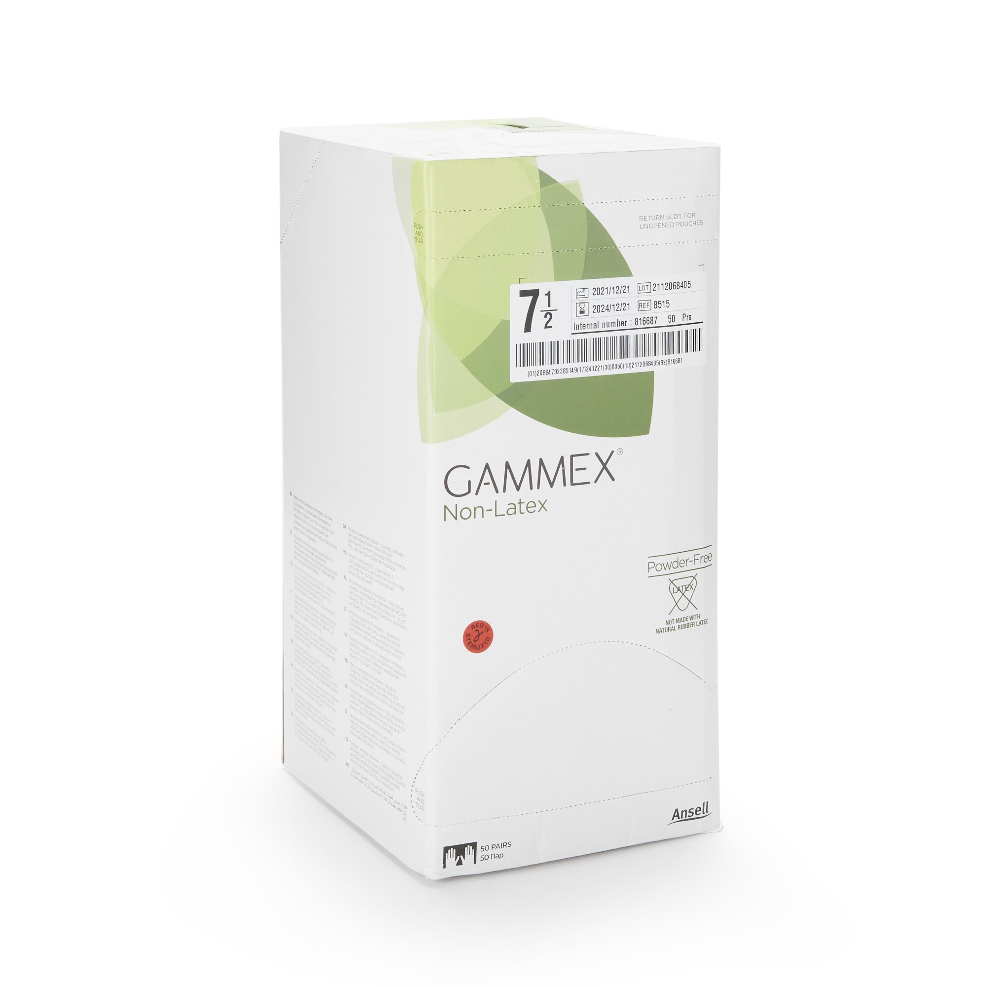 Ansell 8515 - Gammex® Non-Latex Polyisoprene Surgical Glove, Size 7.5, Green - 50/Box, 200/Case