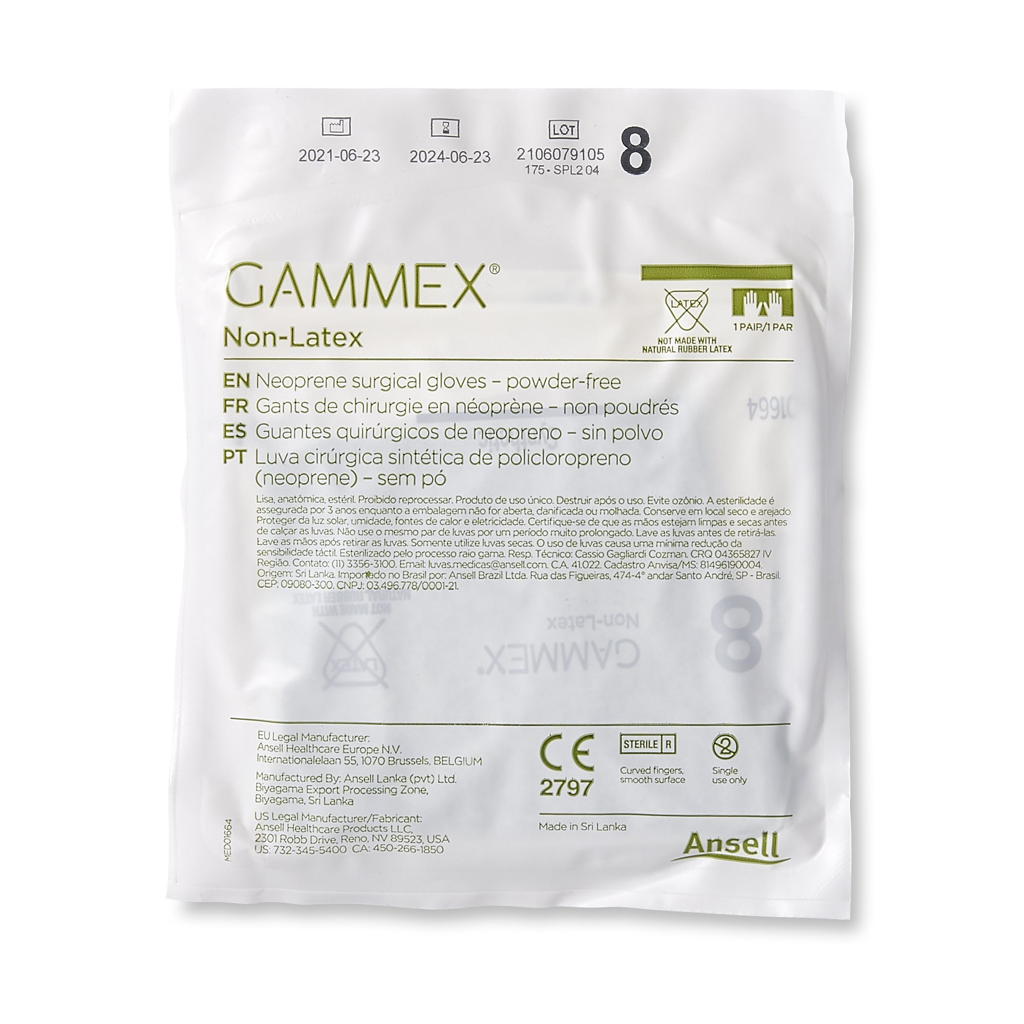Ansell 8516 - Gammex® Non-Latex Polyisoprene Surgical Glove, Size 8, Green - 50/Box, 200/Case