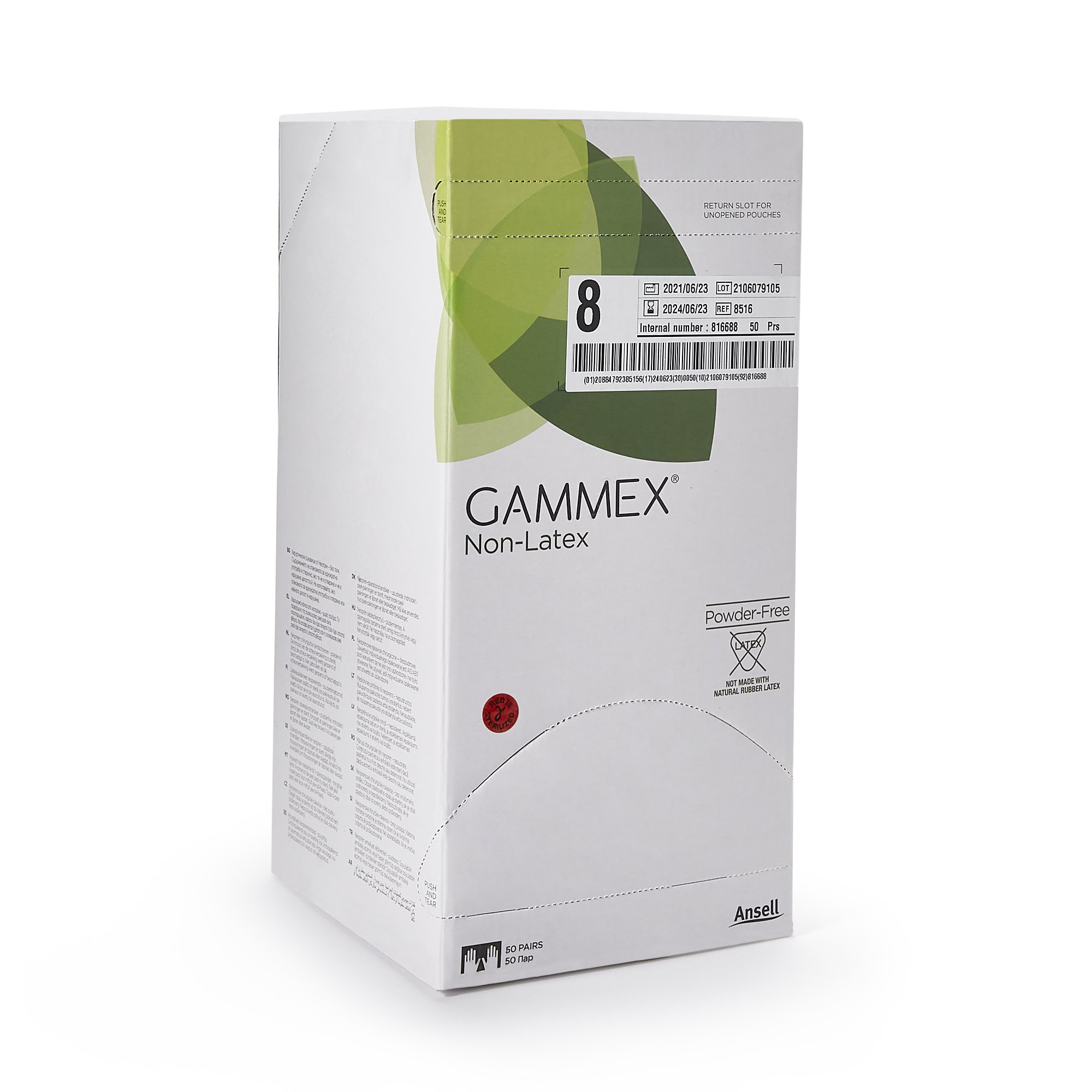 Ansell 8516 - Gammex® Non-Latex Polyisoprene Surgical Glove, Size 8, Green - 50/Box, 200/Case