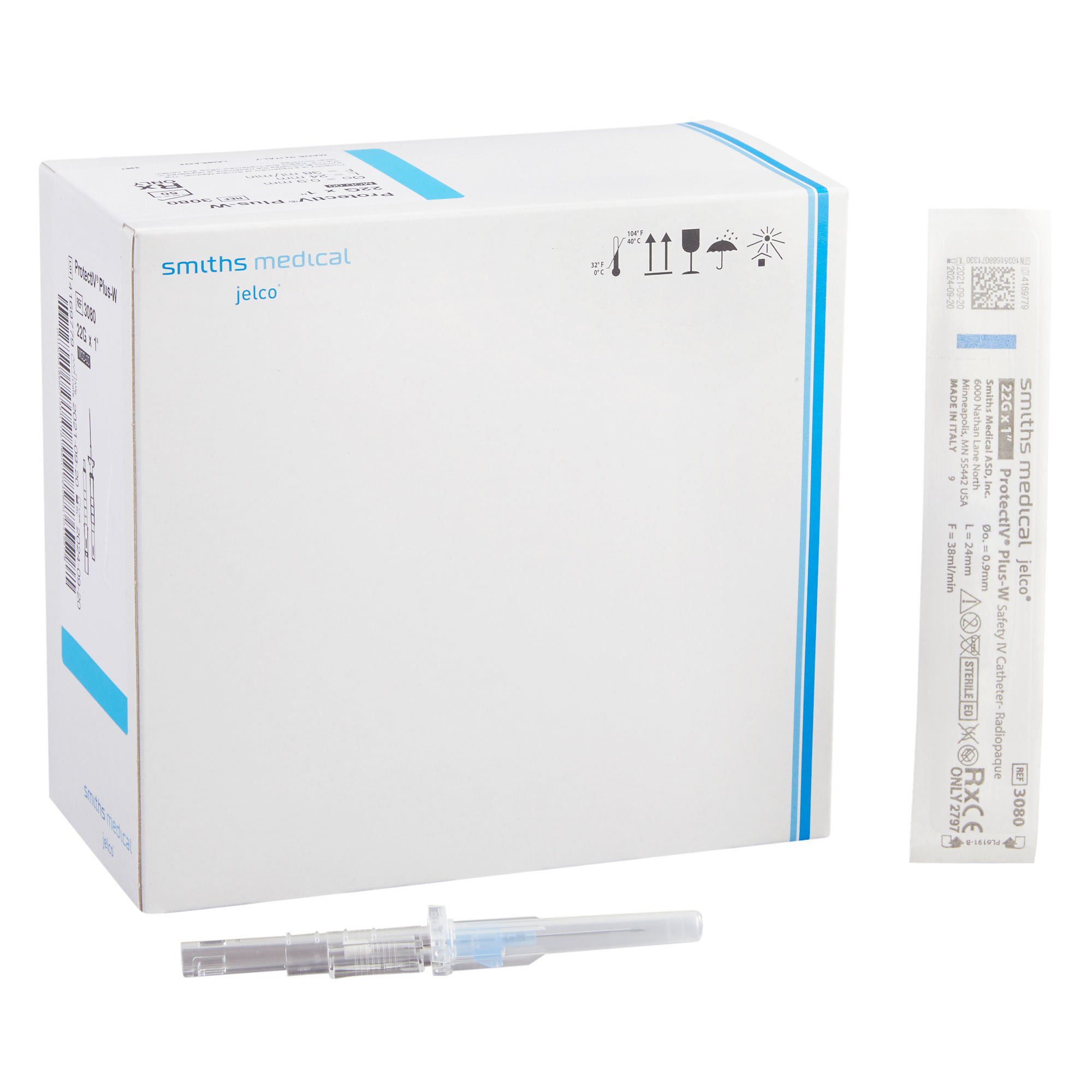 ICU Medical FKA Smiths Medical - 308000 Peripheral IV Catheter Protectiv® Plus-W 22 Gauge 1 Inch Polyurethane Winged Hub Non Blood Control Sliding Safety