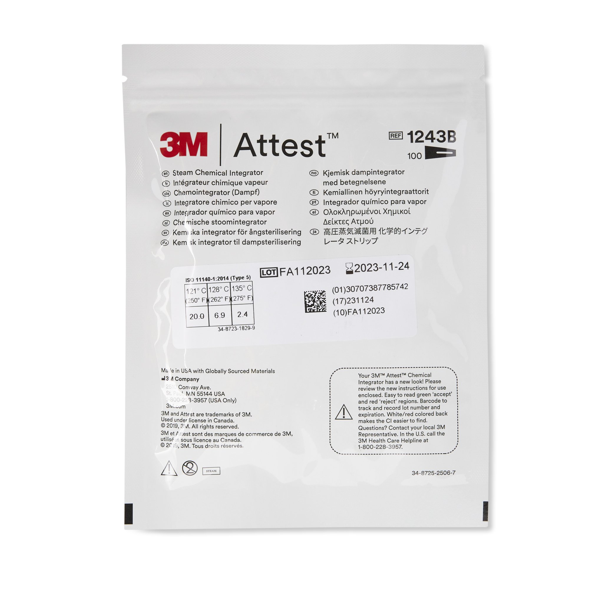 Solventum Corporation 1243B - 3M™ Attest™ Sterilization Chemical Integrator Strip - 100/Pack, 1000/Case