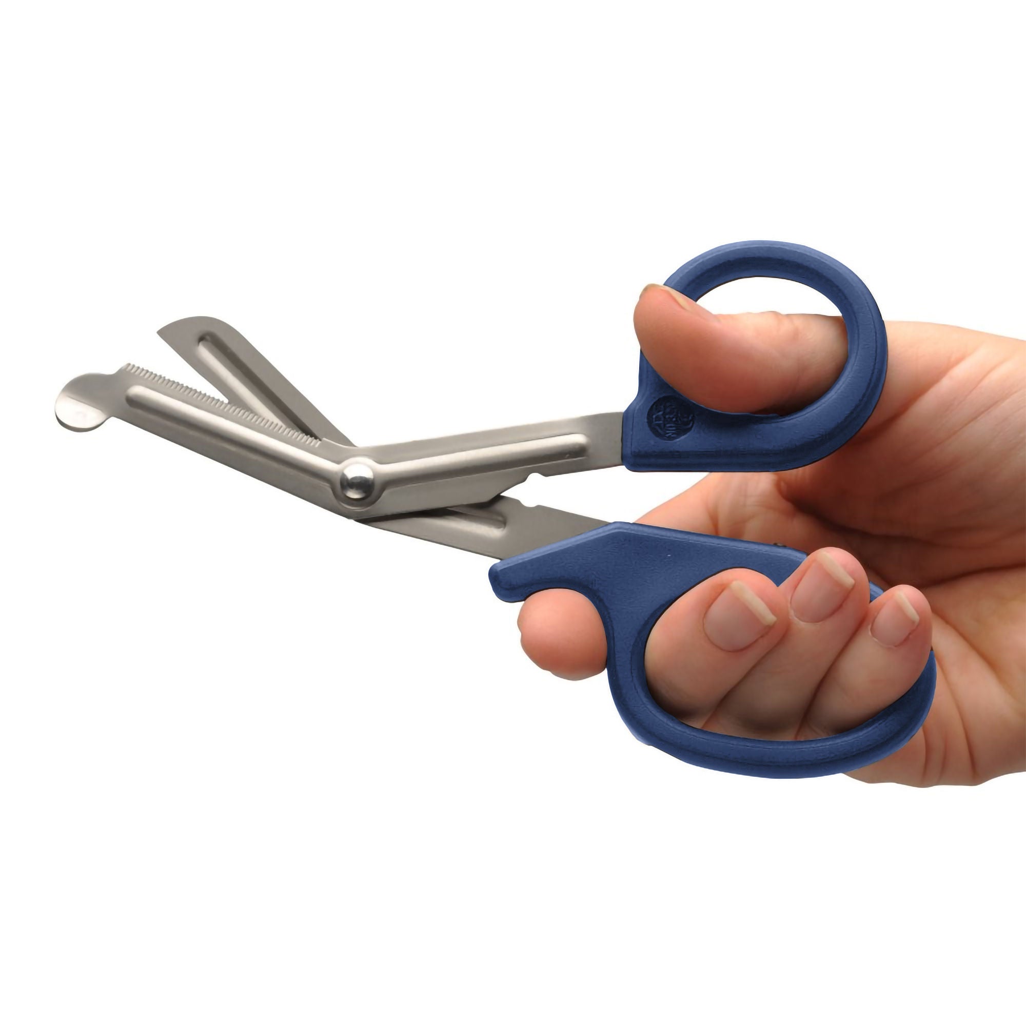 American Diagnostic Corp - 320RB Trauma Shears Medicut® 7-1/4 Inch Length Floor / Office Grade Stainless Steel / Plastic NonSterile Blue Finger Ring Handle Angled Blunt Tip / Blunt Tip