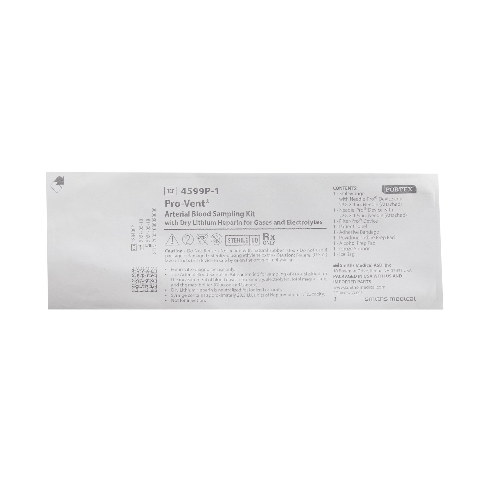ICU Medical FKA Smiths Medical 4599P-1 - Pro-Vent® Plus Arterial Blood Gas Kit - 1/Each, 100/Case