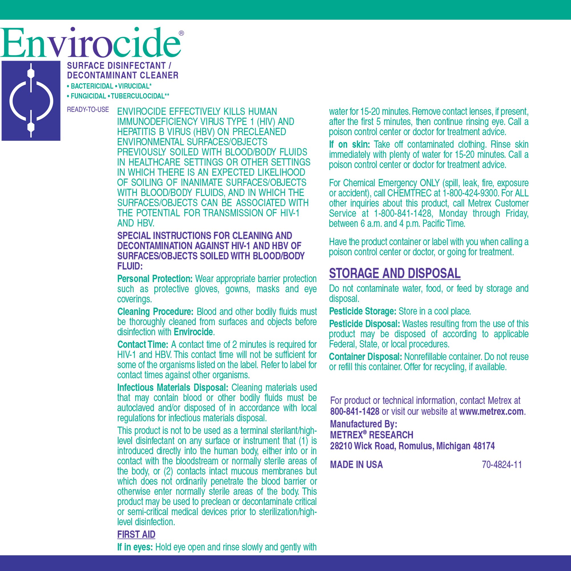 Metrex Research 13-3300 - Envirocide® Surface Disinfectant Cleaner - 1/Each, 4/Case