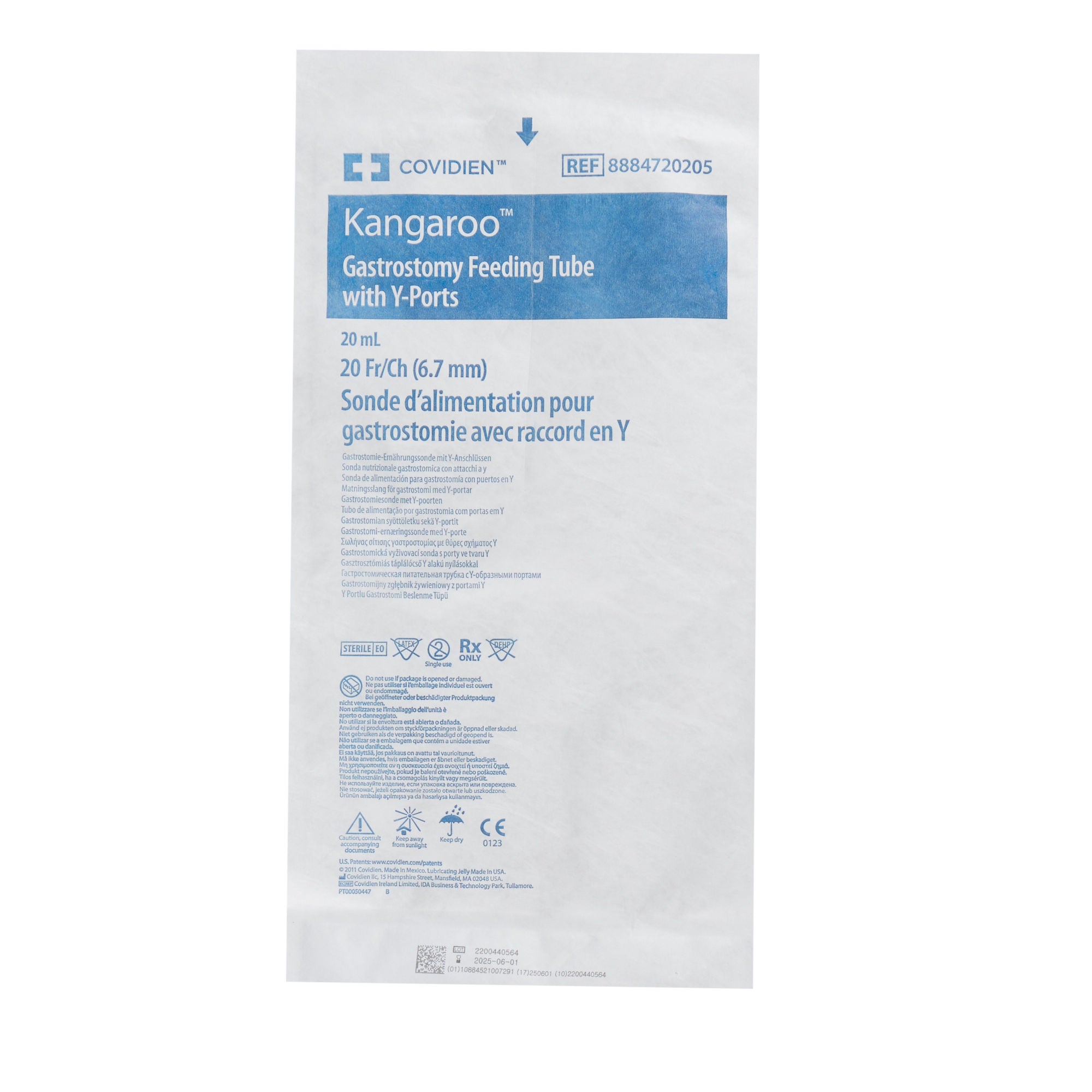 Cardinal - 8884720205 Gastrostomy Feeding Tube with Y Ports Kangaroo™ 20 Fr. Silicone Sterile