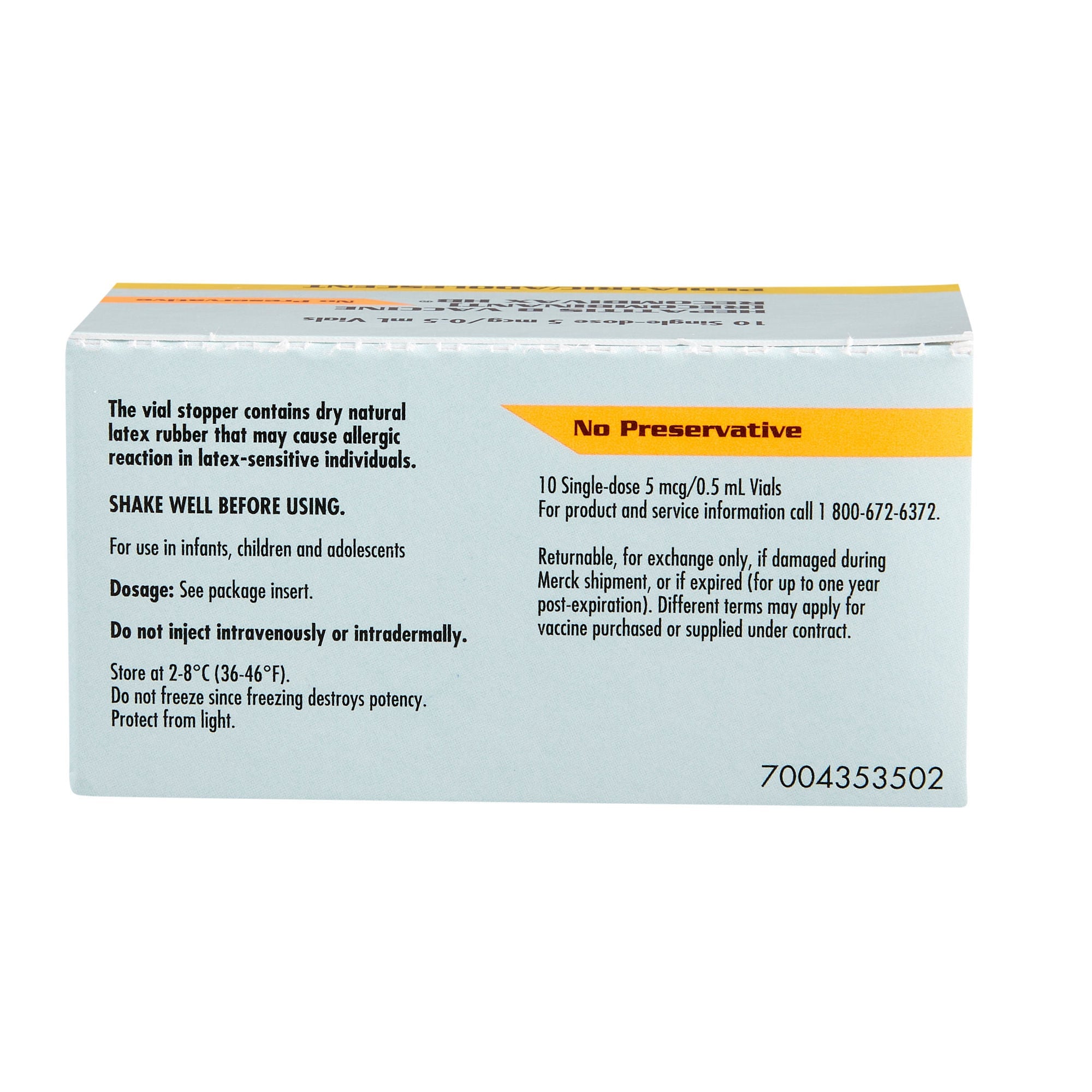Merck - 00006498100 Recombivax HB® Hepatitis B Virus Vaccine (Recombinant), Preservative Free 5 mcg / 0.5 mL Injection 0.5 mL