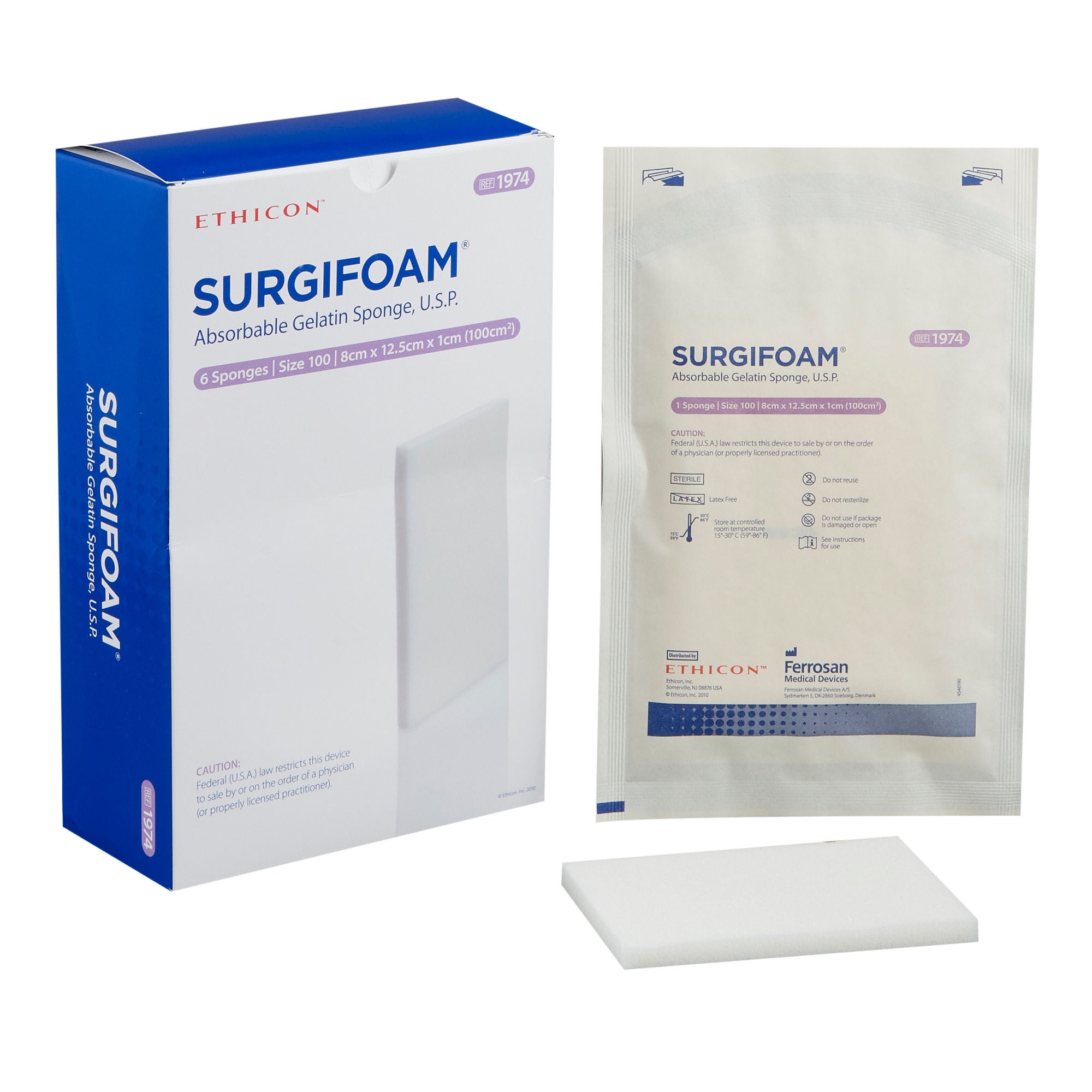 J & J Healthcare Systems - 1974 Absorbable Gelatin Sponge SURGIFOAM® 8 cm X 12.5 cm X 10 mm 6 Count Sterile