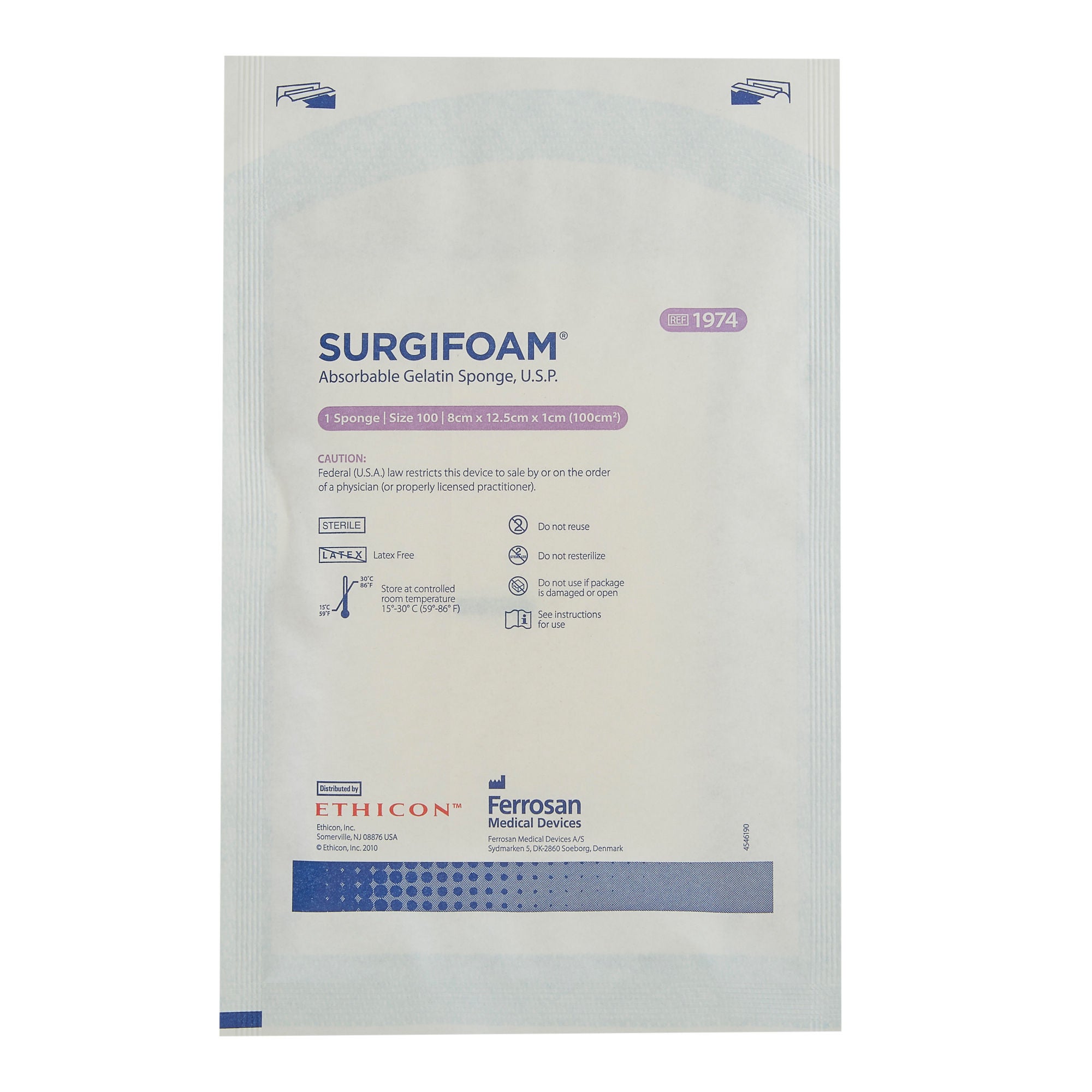 J & J Healthcare Systems - 1974 Absorbable Gelatin Sponge SURGIFOAM® 8 cm X 12.5 cm X 10 mm 6 Count Sterile