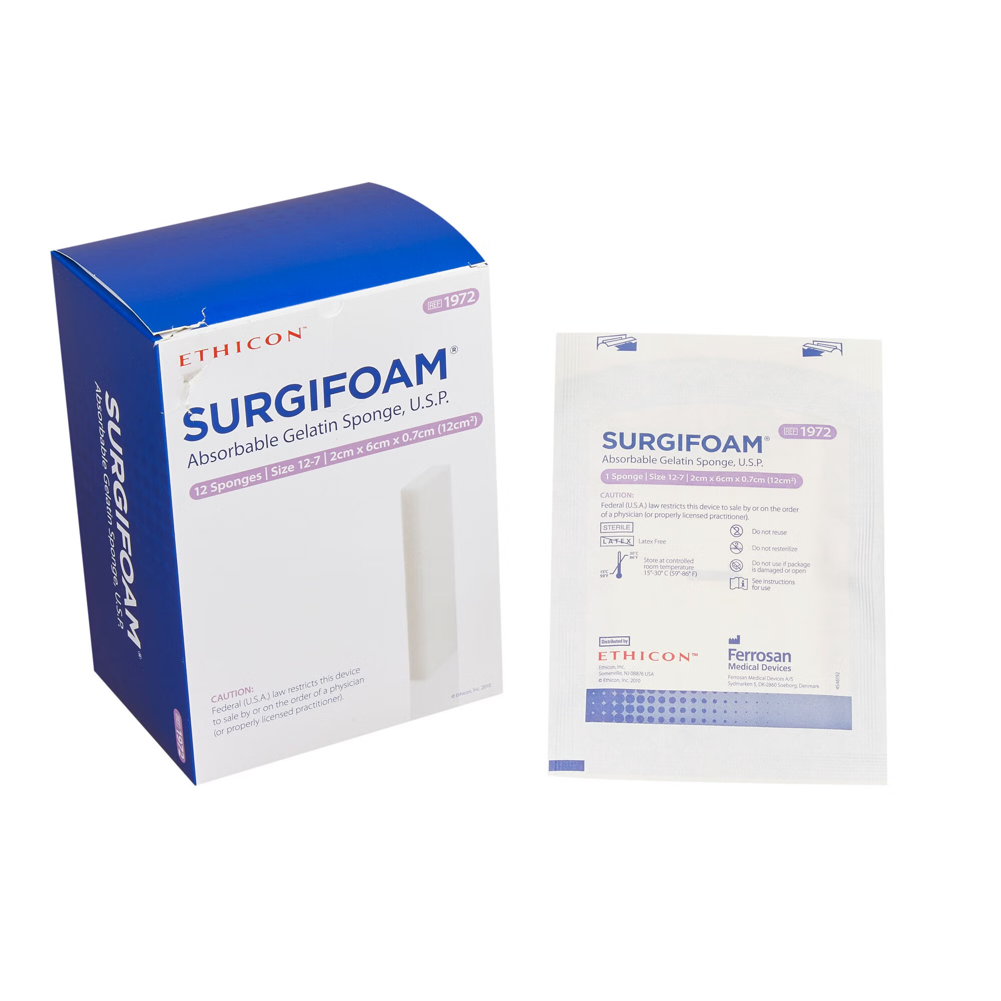 J & J Healthcare Systems - 1972 Absorbable Gelatin Sponge SURGIFOAM® 2 X 6 cm X 7mm 12 Count Sterile