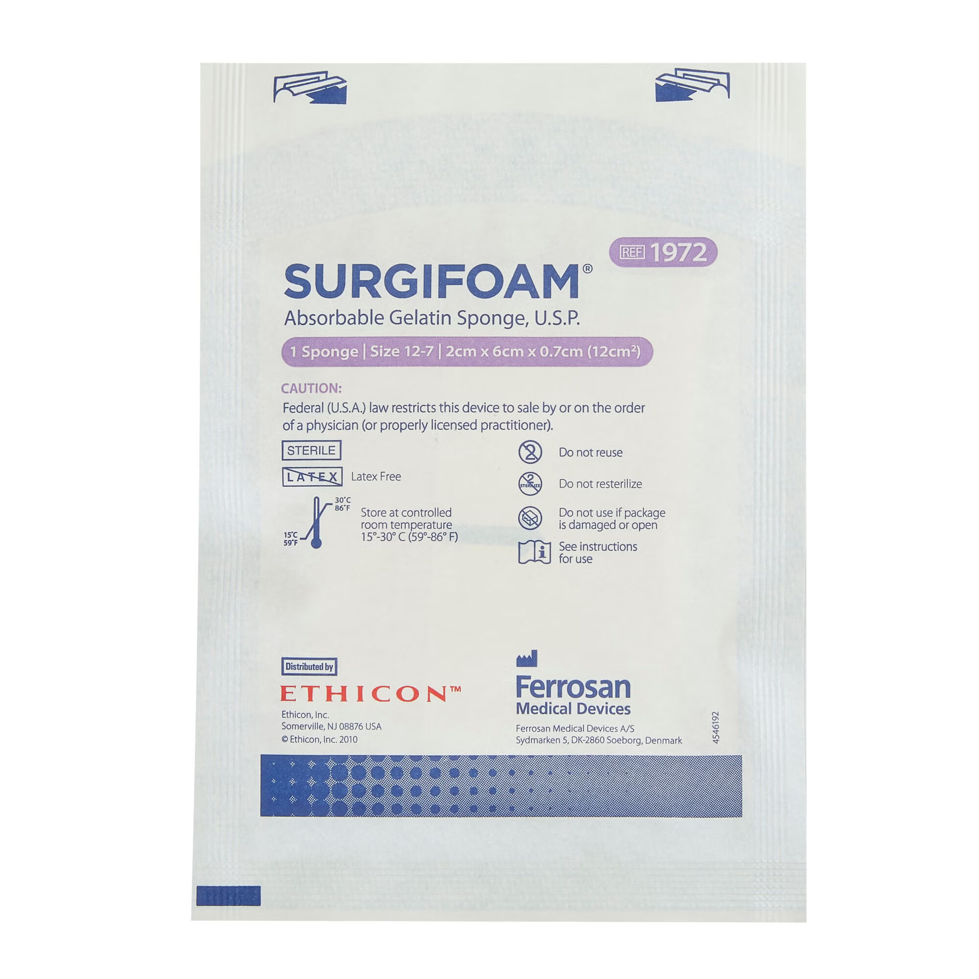 J & J Healthcare Systems - 1972 Absorbable Gelatin Sponge SURGIFOAM® 2 X 6 cm X 7mm 12 Count Sterile