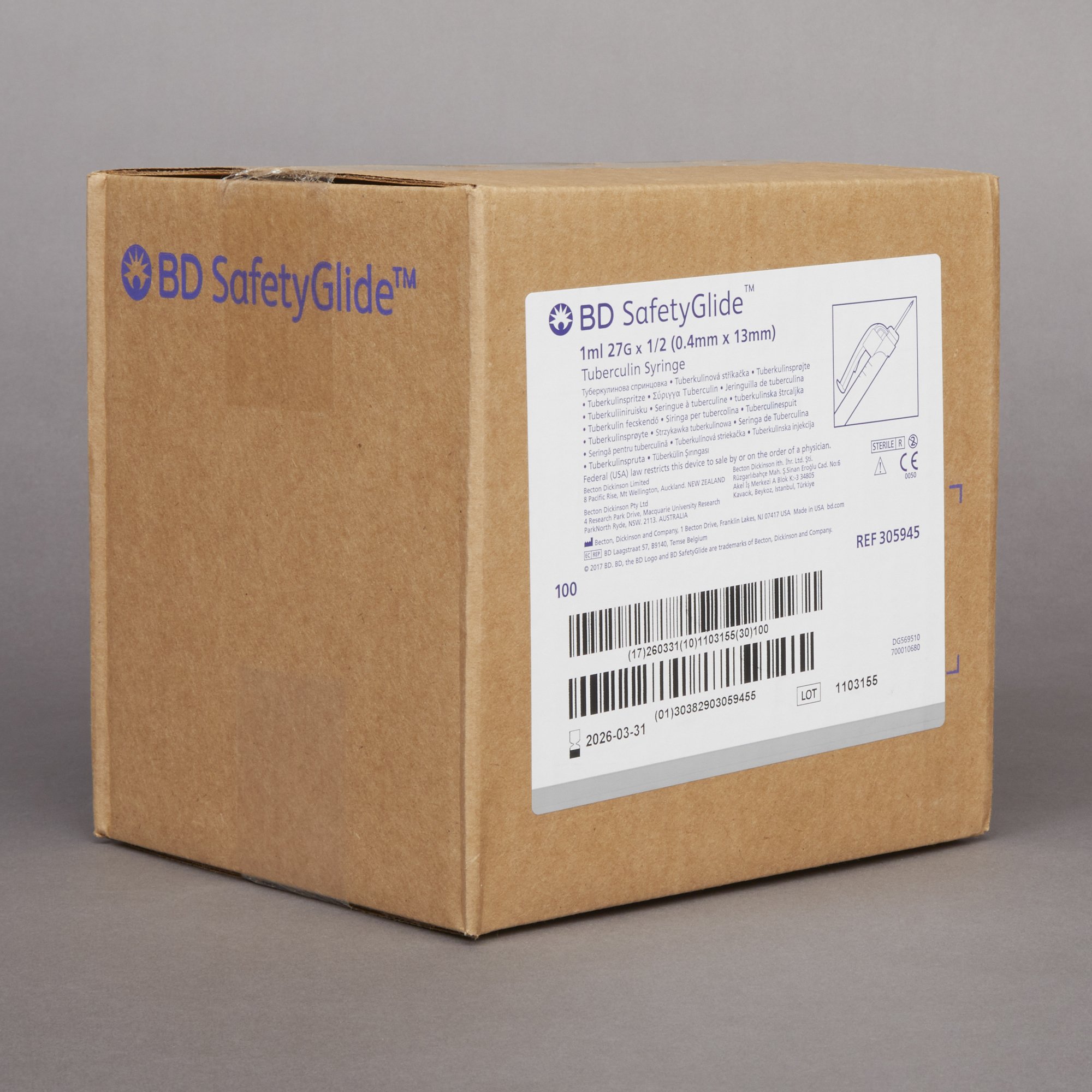 BD 305945 - SafetyGlide™ 1 mL Tuberculin Syringe w/ Needle, 27 Gauge, 1/2 Inch Needle Length - 1/Each, 100/Box, 400/Case