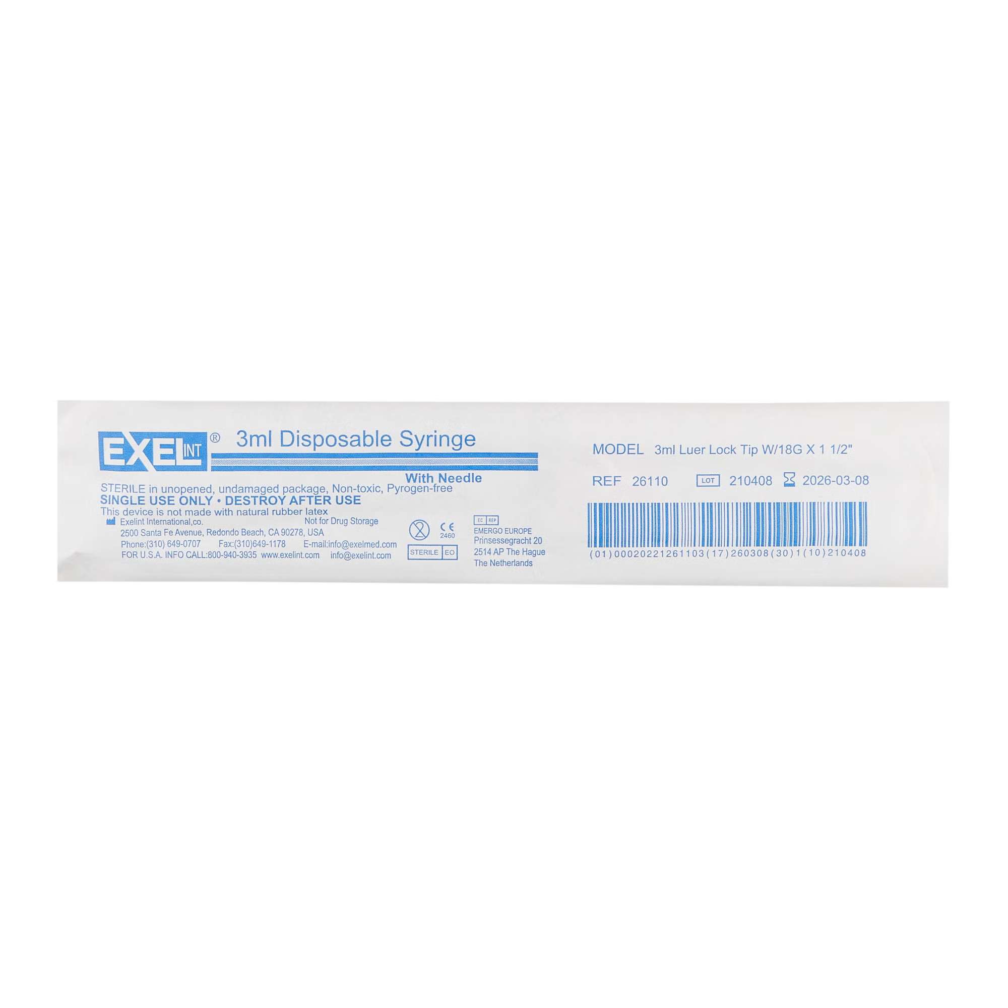 AirTite Products - 26110 Standard Hypodermic Syringe with Needle ExelInt® 3 mL 1-1/2 Inch 18 Gauge NonSafety Regular Wall