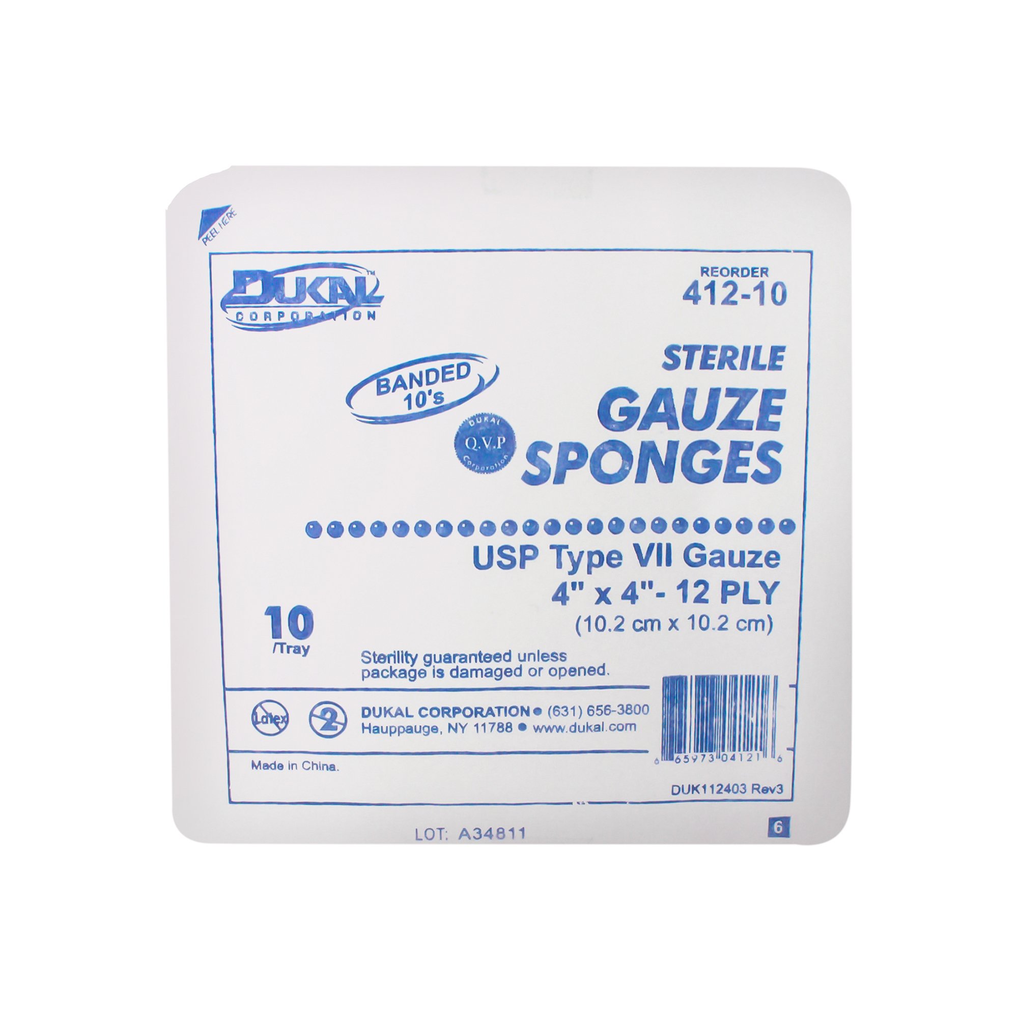 Dukal 412-10 - Dukal™ Sterile USP Type VII Gauze Sponge, 4 x 4 Inch, 12-Ply - 10/Tray, 1280/Case