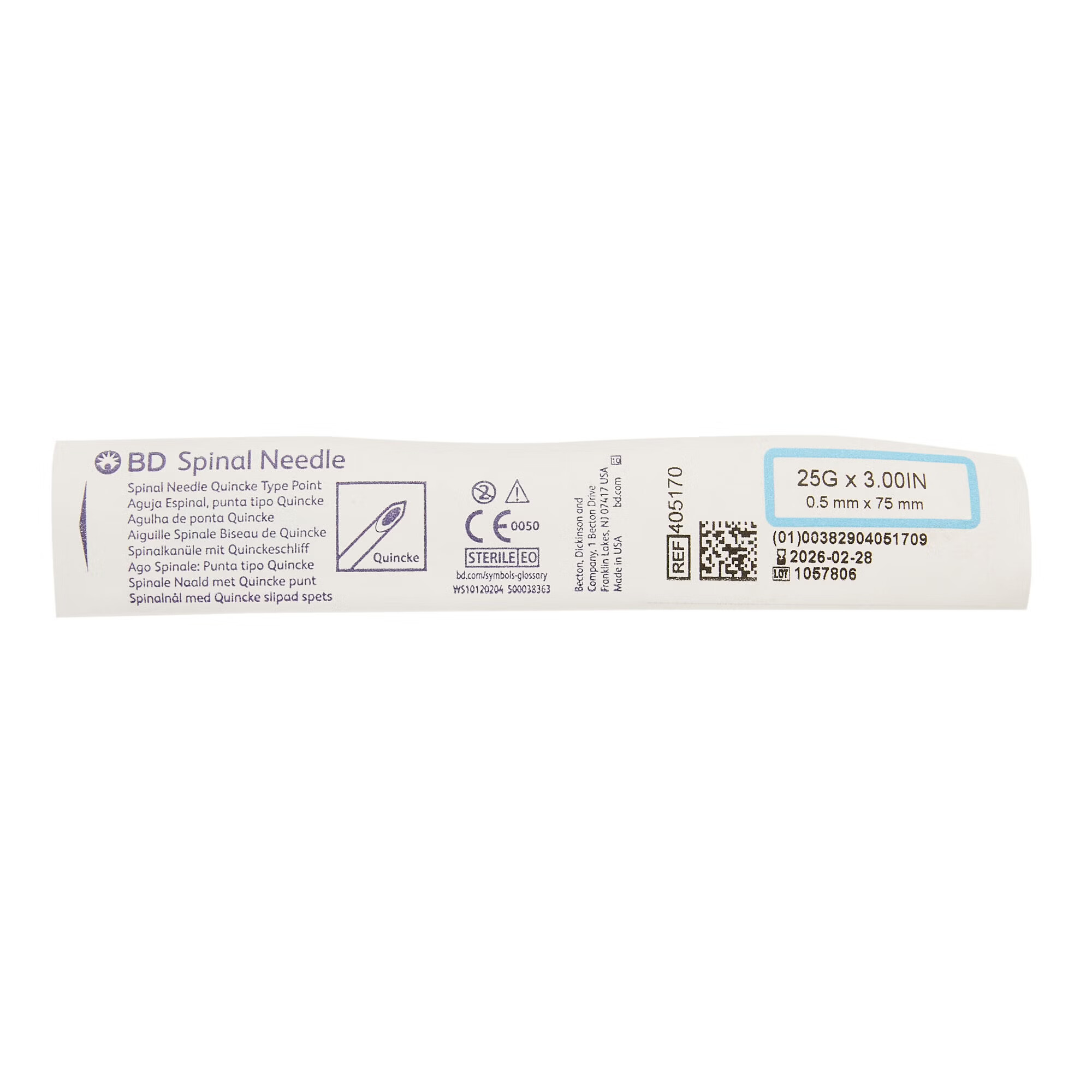 BD - 405170 Spinal Needle BD™ Quincke Style 25 Gauge 3 Inch Length Sterile