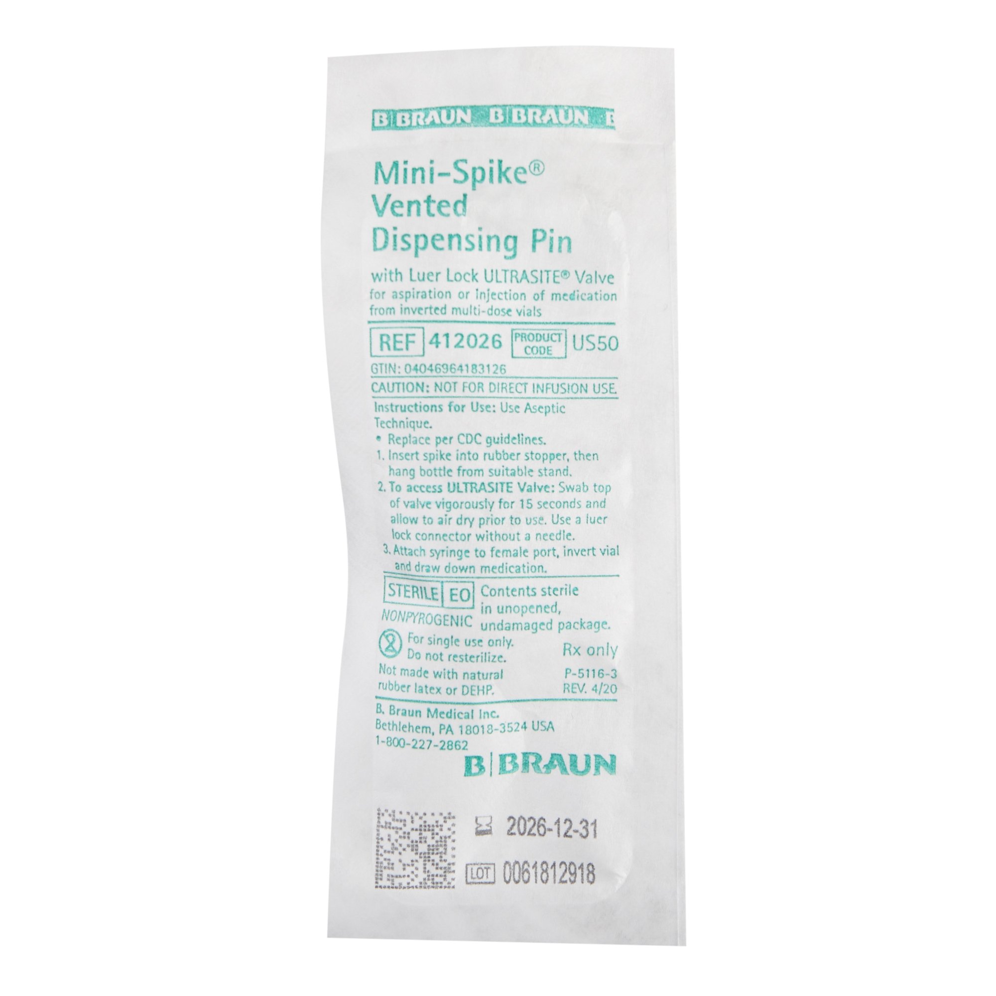 B. Braun - 412026 Mini-Spike® Dispensing Pin with Ultrasite® Valve