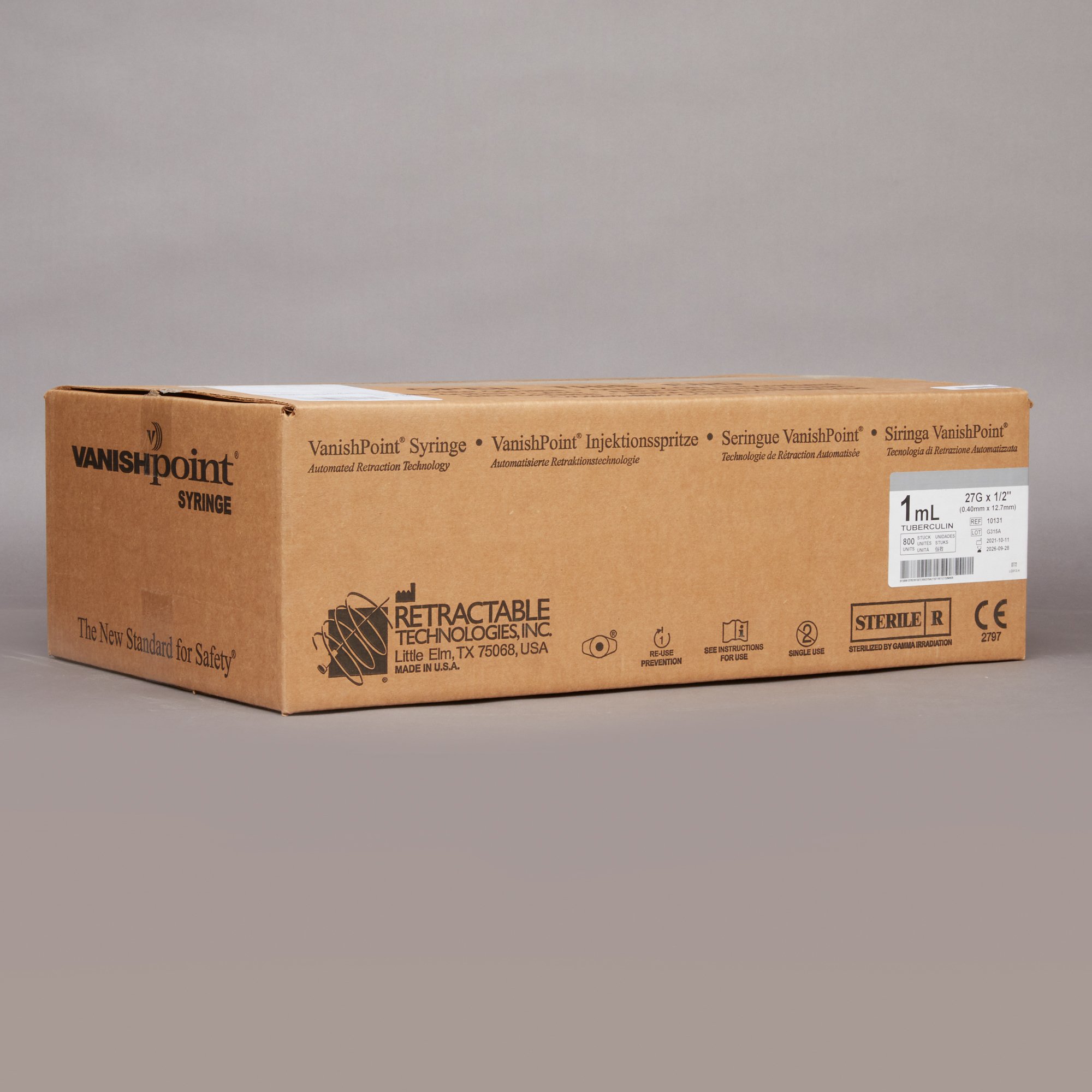 Retractable Technologies 10131 - VanishPoint® 1 mL Tuberculin Syringe with Needle, 27 Gauge, 1.5" Needle Length - 1/Each, 100/Box, 800/Case
