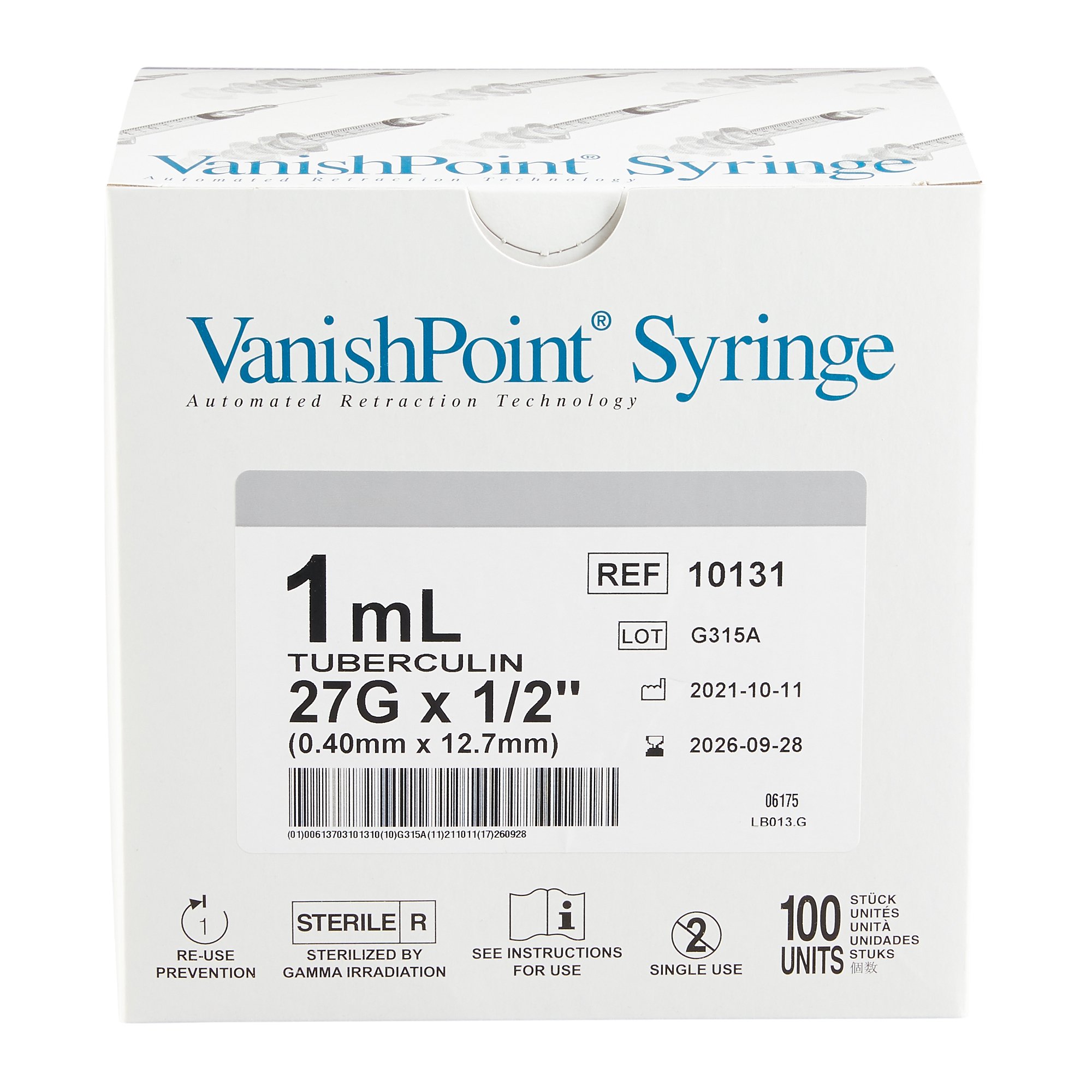 VanishPoint Safety Tuberculin Syringe with Needle 10131 by Retractable Technologies