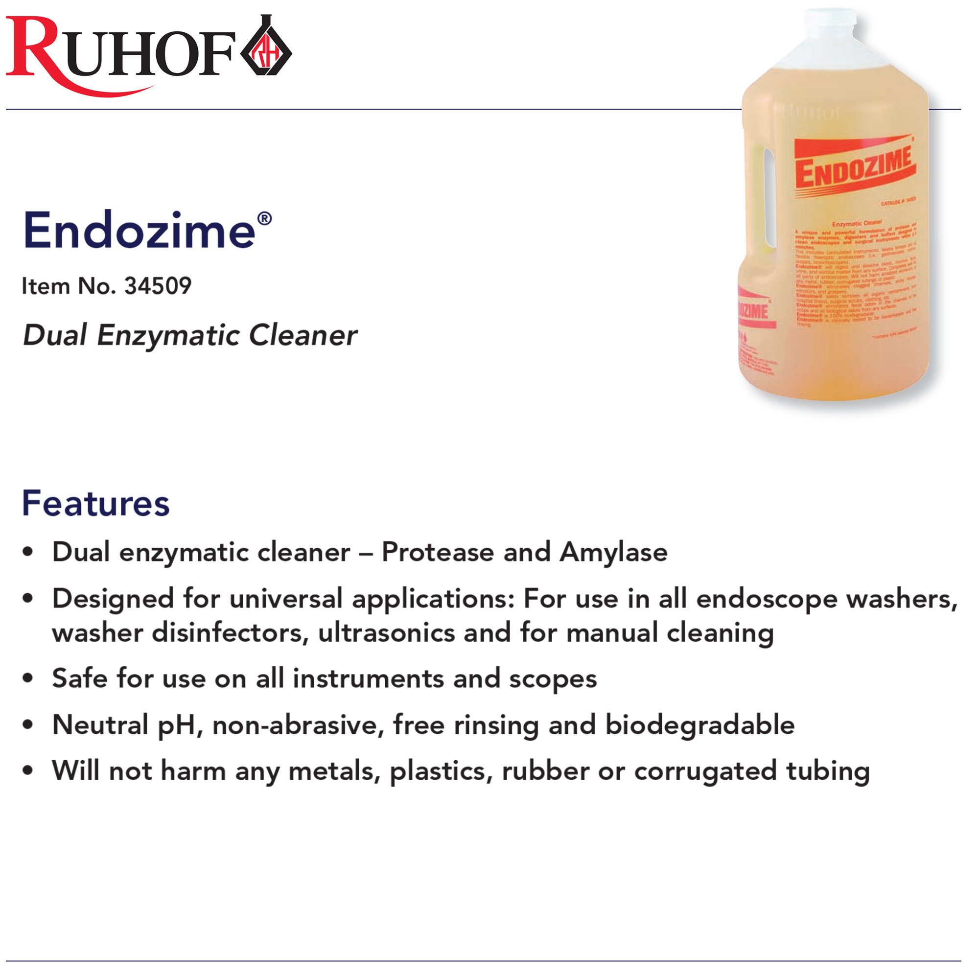 Ruhof Healthcare 34509-27 - Endozime® Dual Enzymatic Instrument Detergent, 1-gallon Jug - 1/Gallon, 4/Case