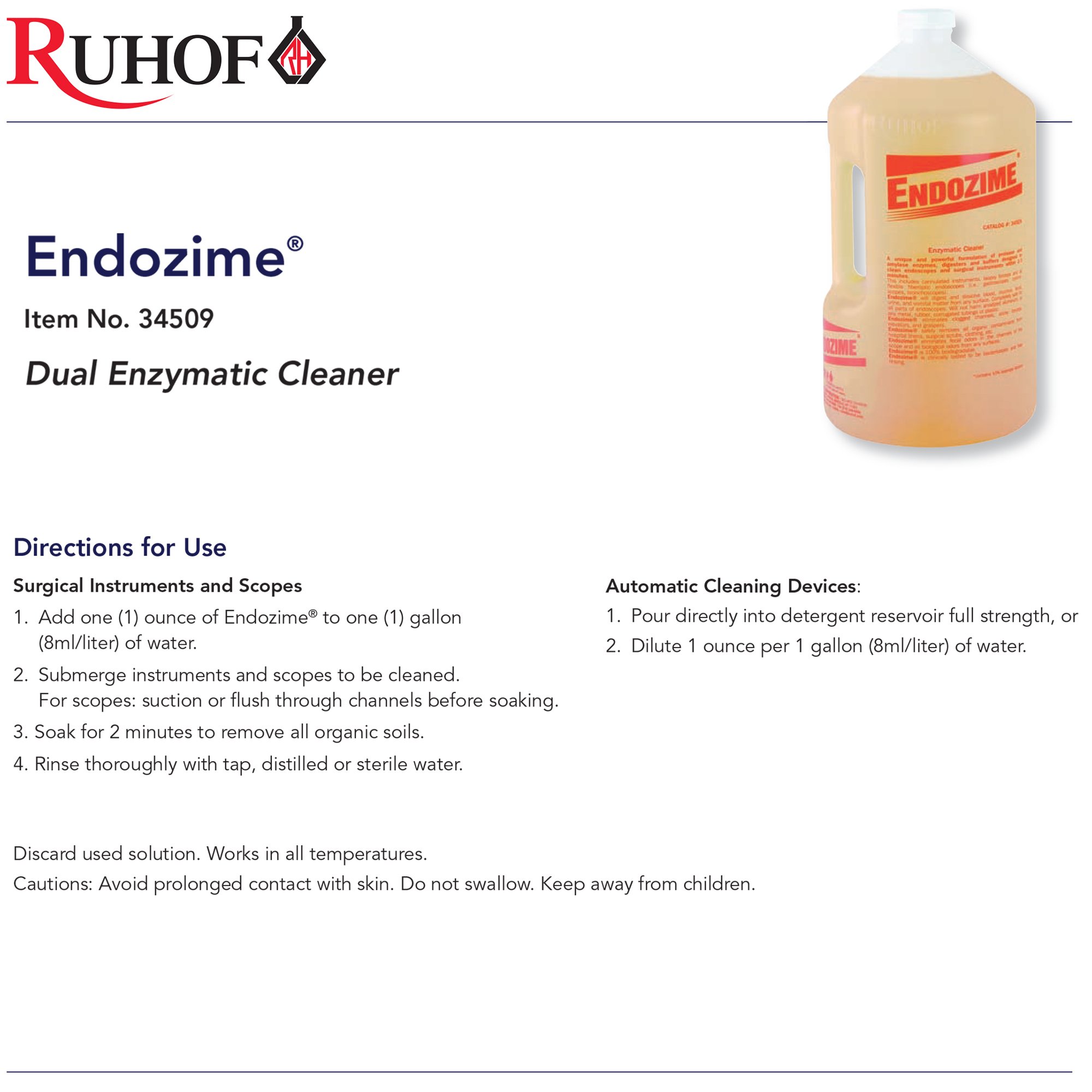 Ruhof Healthcare 34509-27 - Endozime® Dual Enzymatic Instrument Detergent, 1-gallon Jug - 1/Gallon, 4/Case