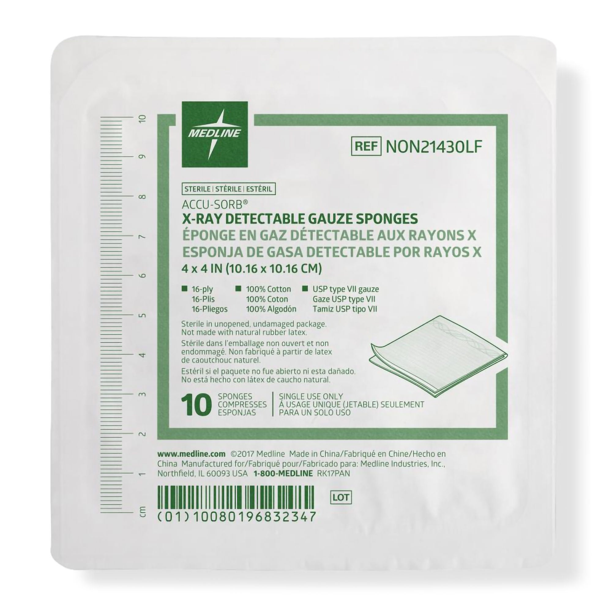 Medline - NON21430LF Gauze Sponge Medline 4 X 4 Inch 16-Ply Sterile X-Ray Detectable 10 per Tray