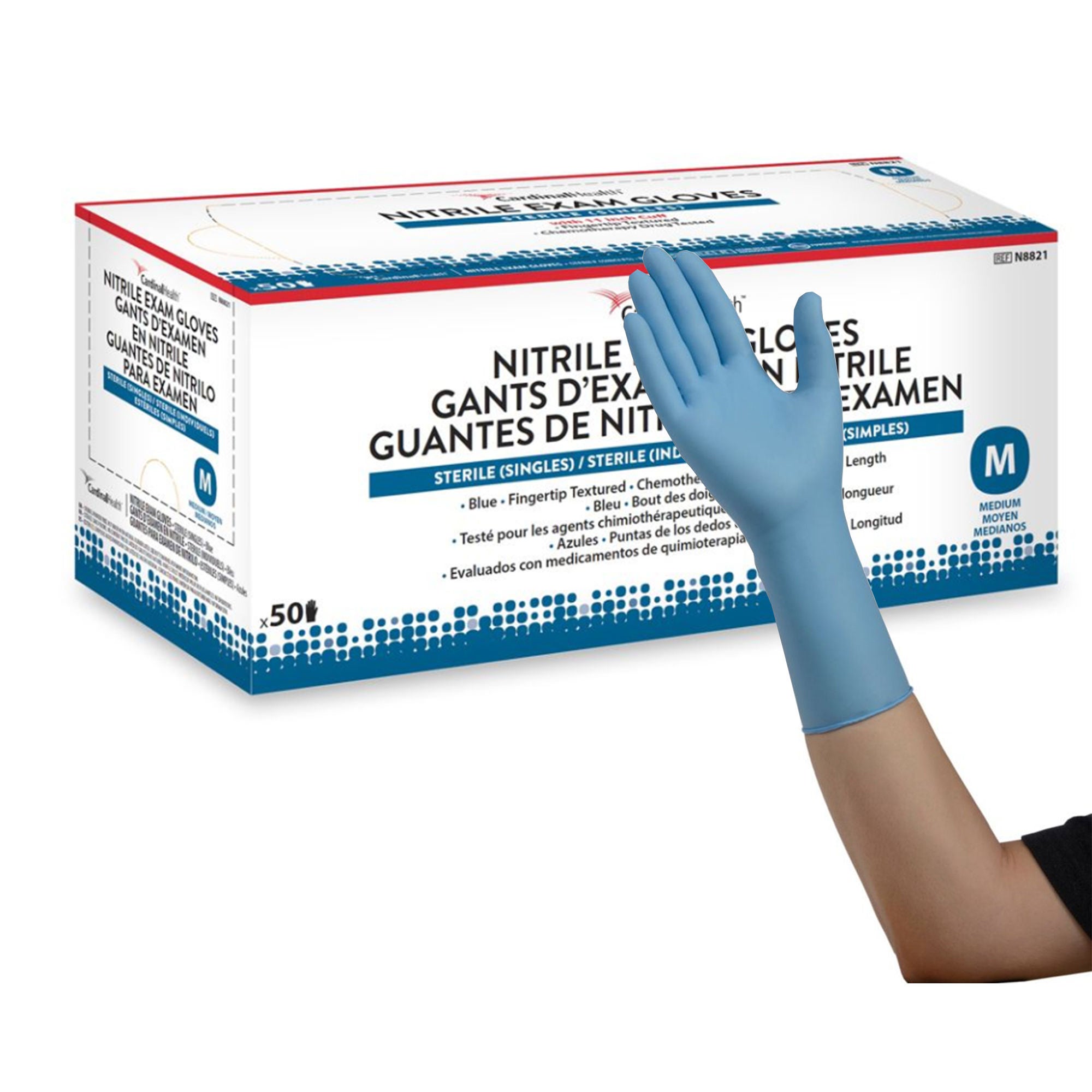 Cardinal - N8821 Exam Glove Flexam® Medium 50 per Box Sterile Single Nitrile Extended Cuff Length Textured Fingertips Blue Chemo Tested