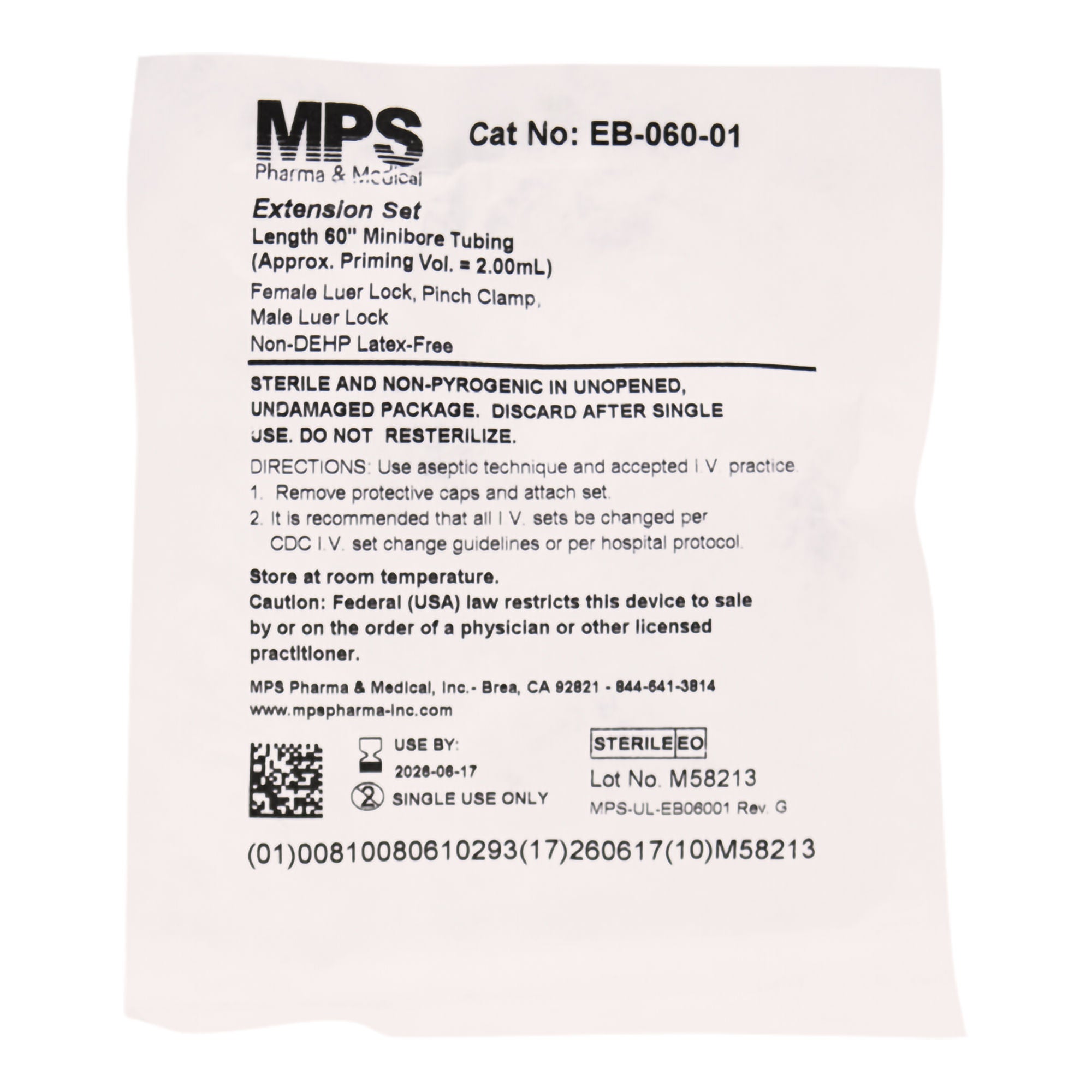 MPS Medical - EB-060-01 IV Extension Set MPS Mini Bore 60 Inch Tubing Without Filter Sterile