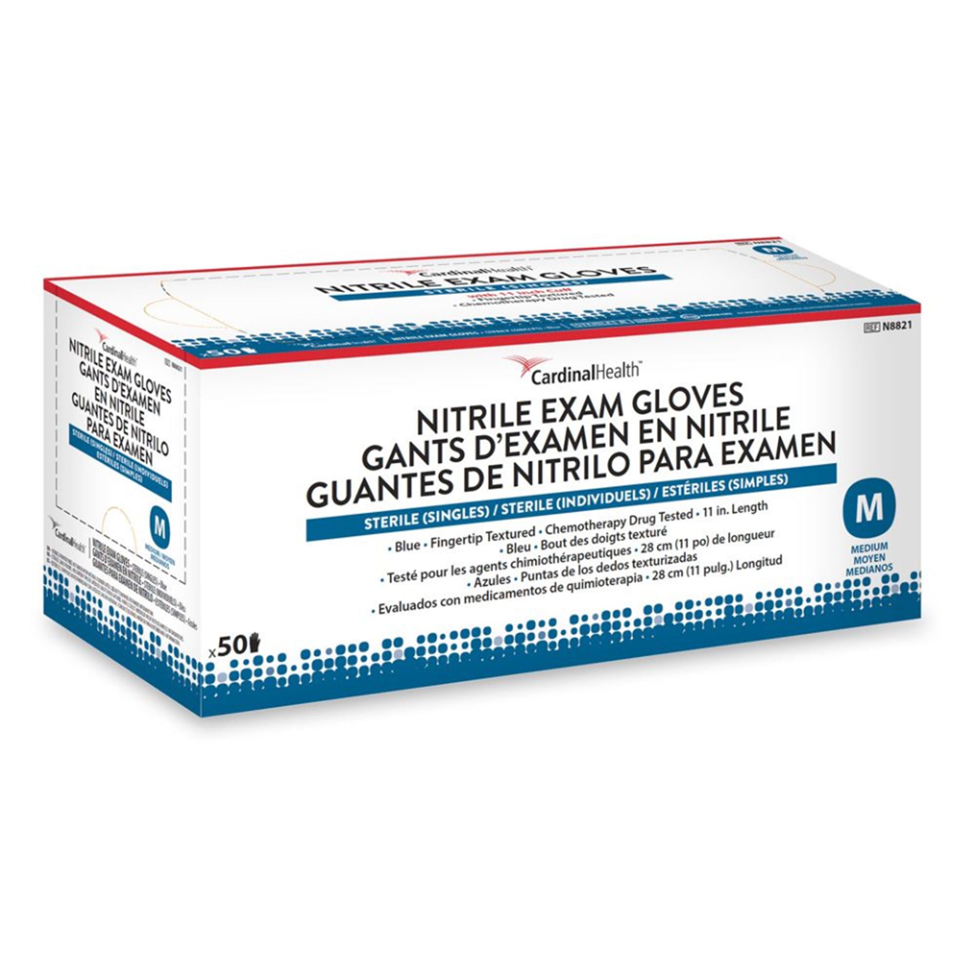 Cardinal - N8823 Exam Glove Flexam® X-Large 50 per Box Sterile Single Nitrile Extended Cuff Length Textured Fingertips Blue Chemo Tested